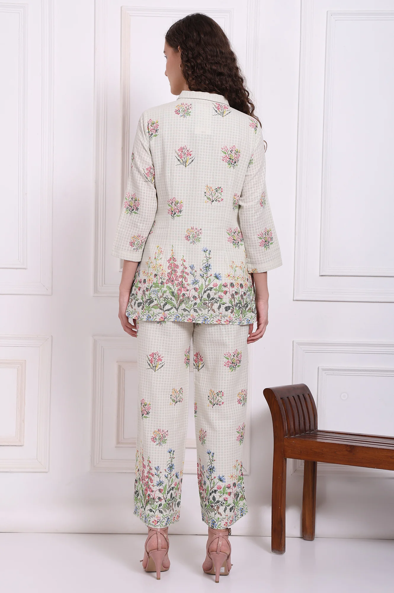 White Floral Printed Checker Pure Cotton Shirt and Pants Co-ord Set - Image 5