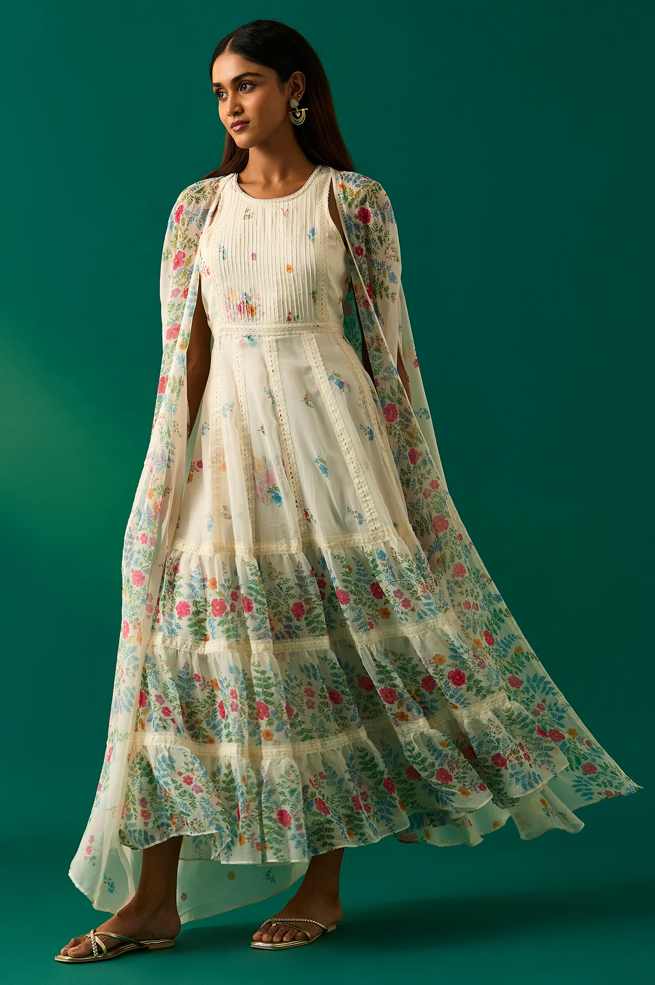 White Floral Printed Chiffon Tiered Flared Dress with Printed Cape - Image 7