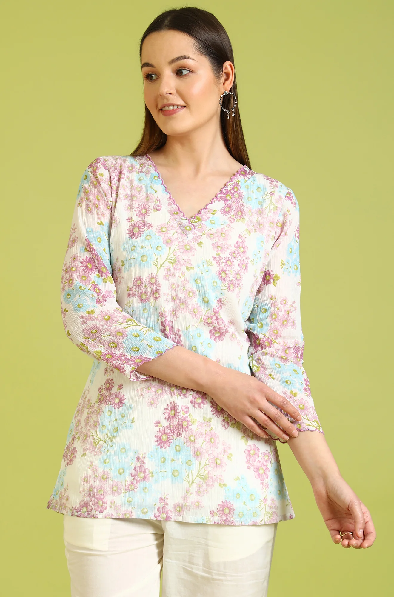 White Floral Printed Cotton Crinkle Crepe Ethnic Top - Image 2