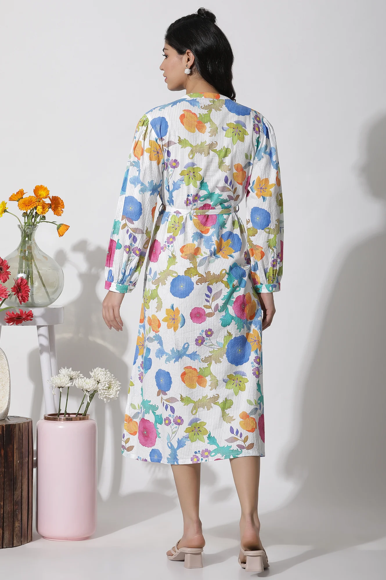 White Floral Printed Cotton Shirt Dress - Image 4