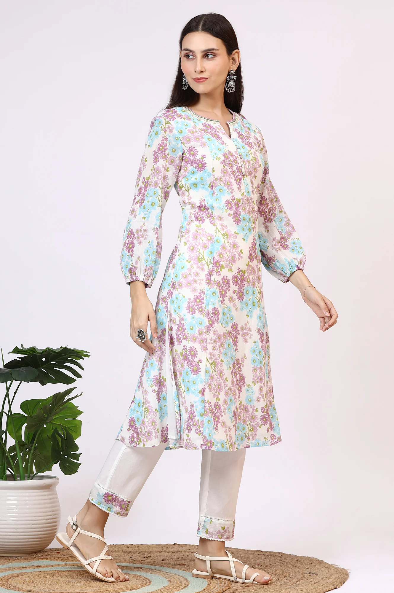 White Floral Printed Crinkle Cotton Flared Kurta, Pants and Dupatta Set - Image 8