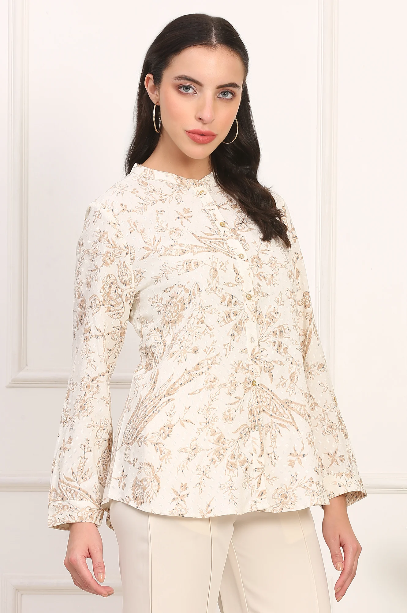 White Floral Printed Dobby Mandarin Collar Top - Image 6