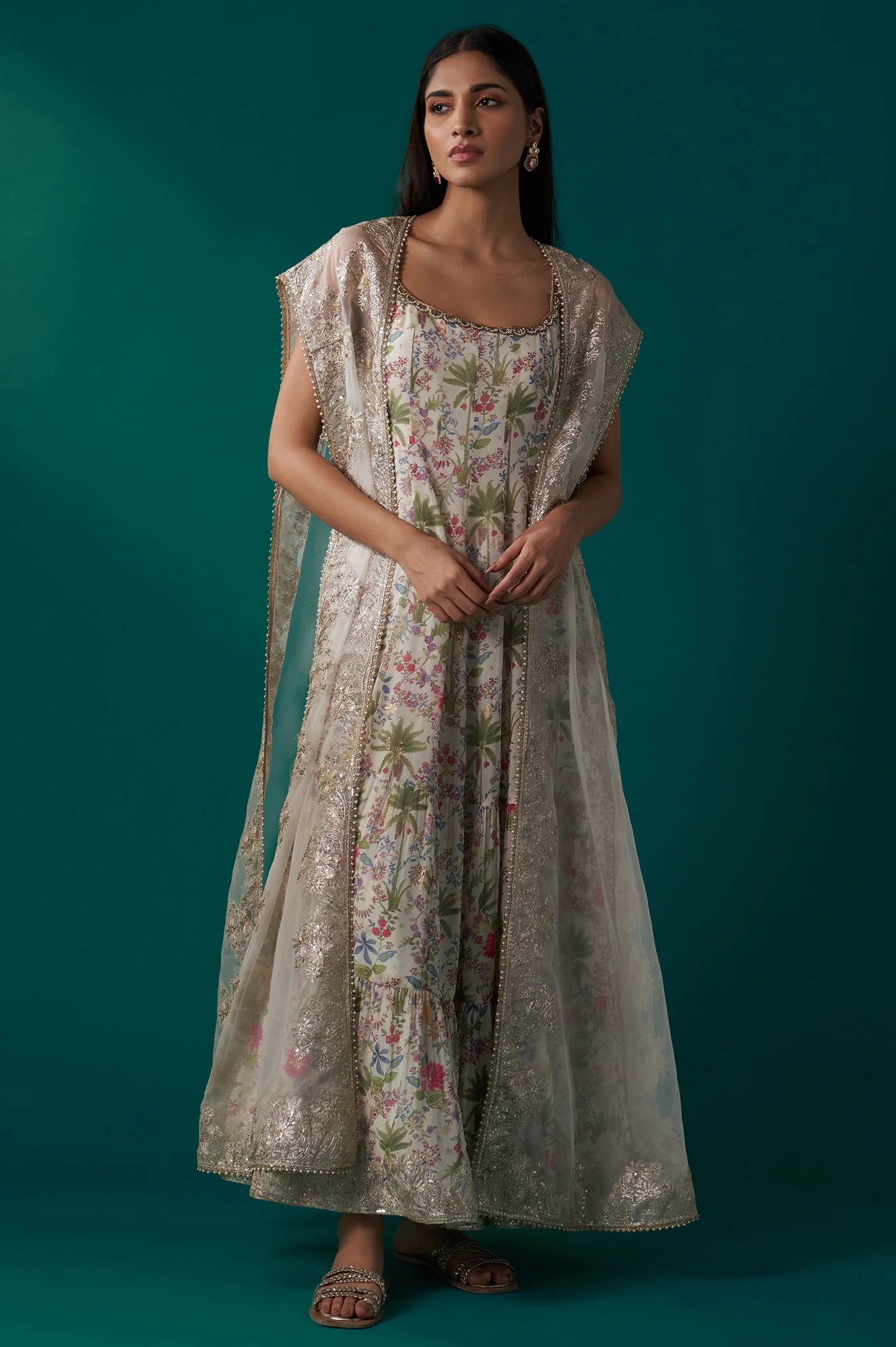 White Floral Printed Anarkali Dress and Embroidered Organza Cape Set - Image 2