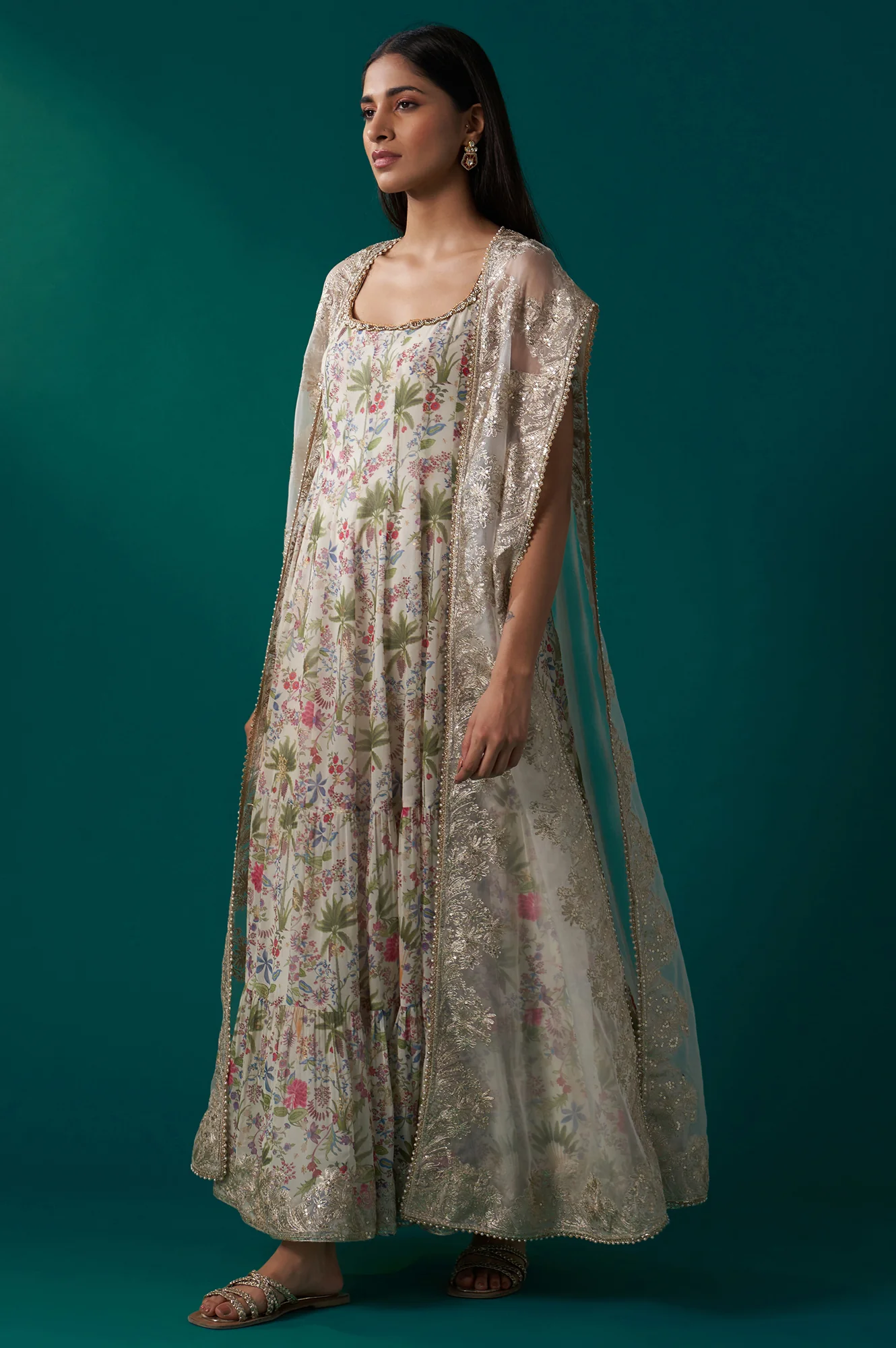White Floral Printed Anarkali Dress and Embroidered Organza Cape Set - Image 4