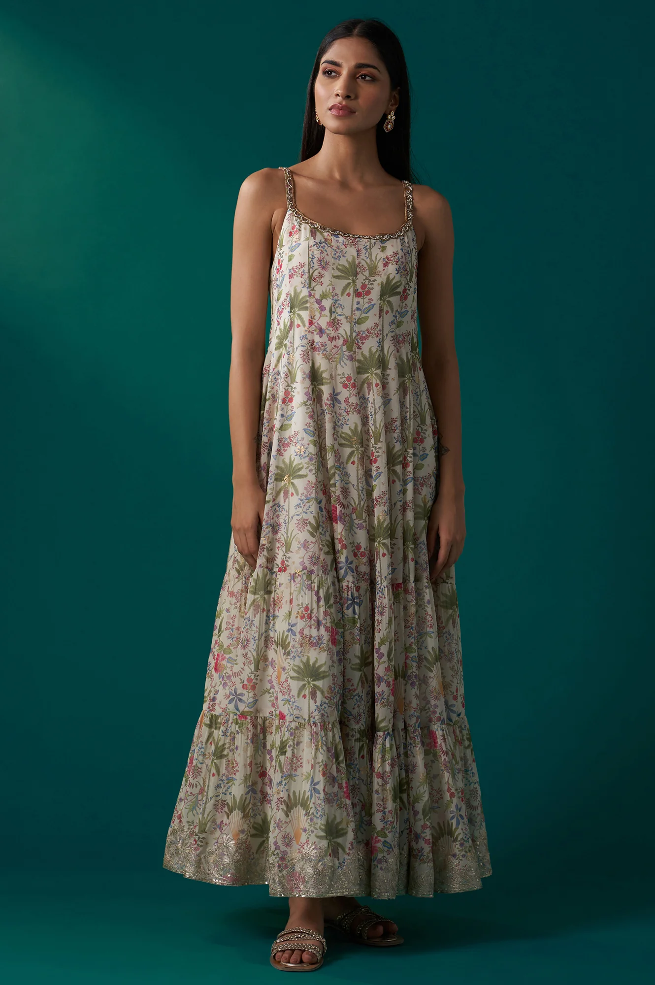White Floral Printed Anarkali Dress and Embroidered Organza Cape Set - Image 7
