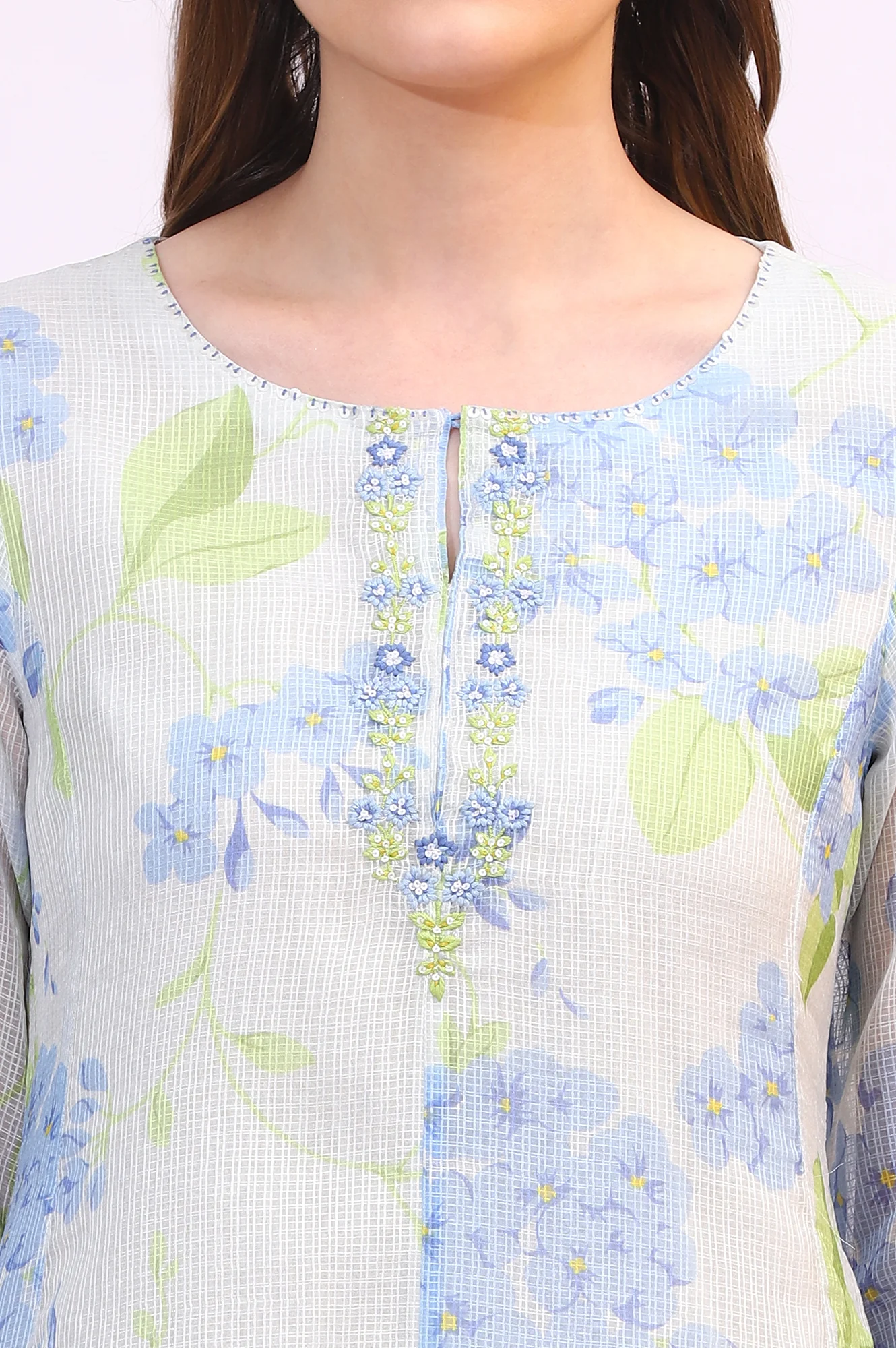 White Floral Printed Flared Kota Kurta and Straight Pants Set - Image 4