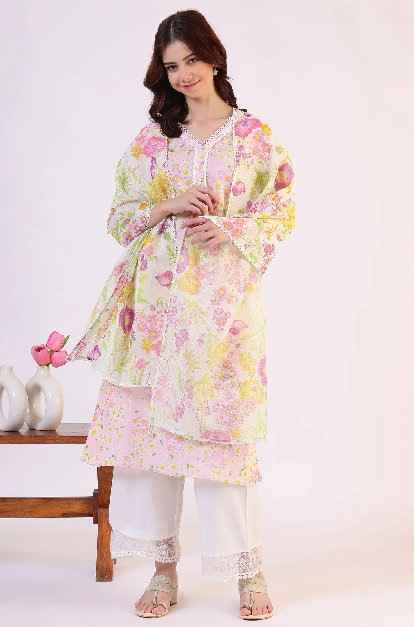 White Floral Printed Kota Dupatta with Lace - Image 3