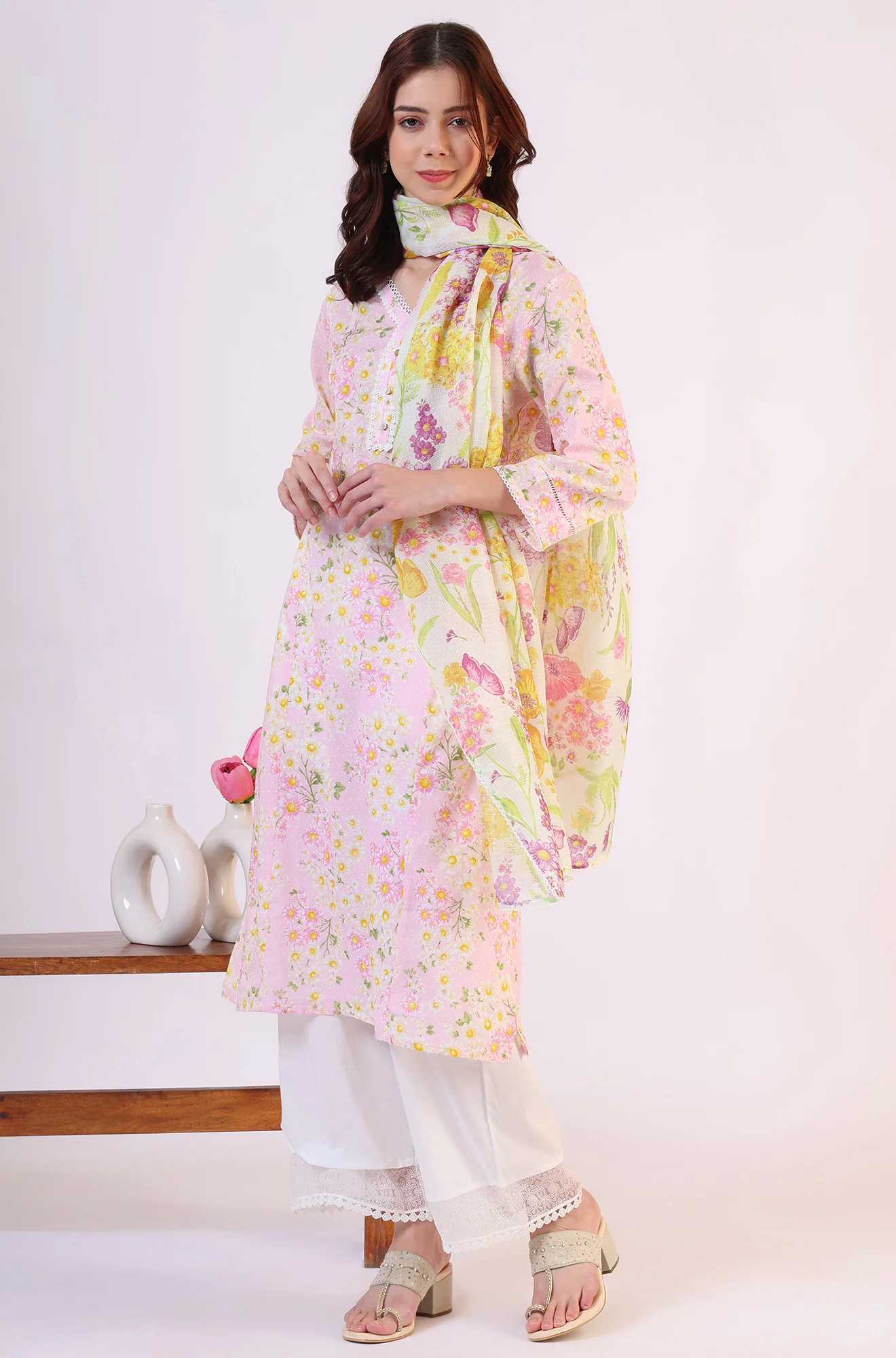 White Floral Printed Kota Dupatta with Lace - Image 4