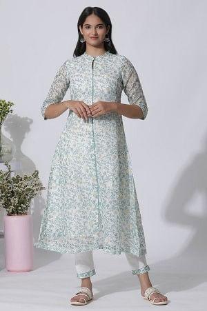 White Floral Printed Kota Kurta And Pants Set - Image 2