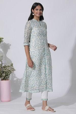 White Floral Printed Kota Kurta And Pants Set - Image 5