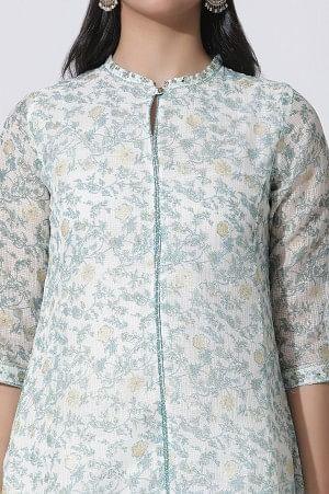 White Floral Printed Kota Kurta And Pants Set - Image 6