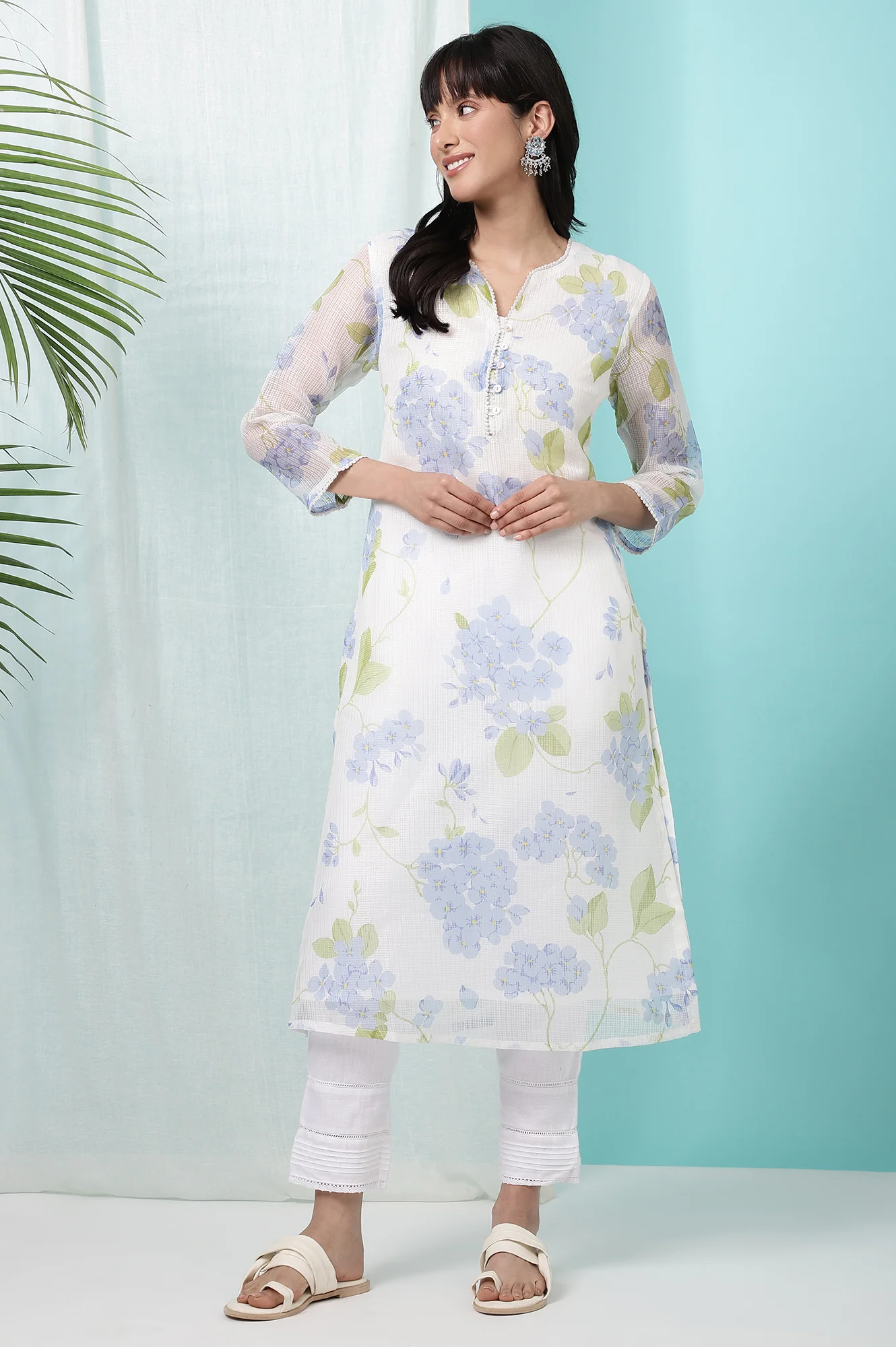 White Floral Printed Kota Straight Kurta - Image 2