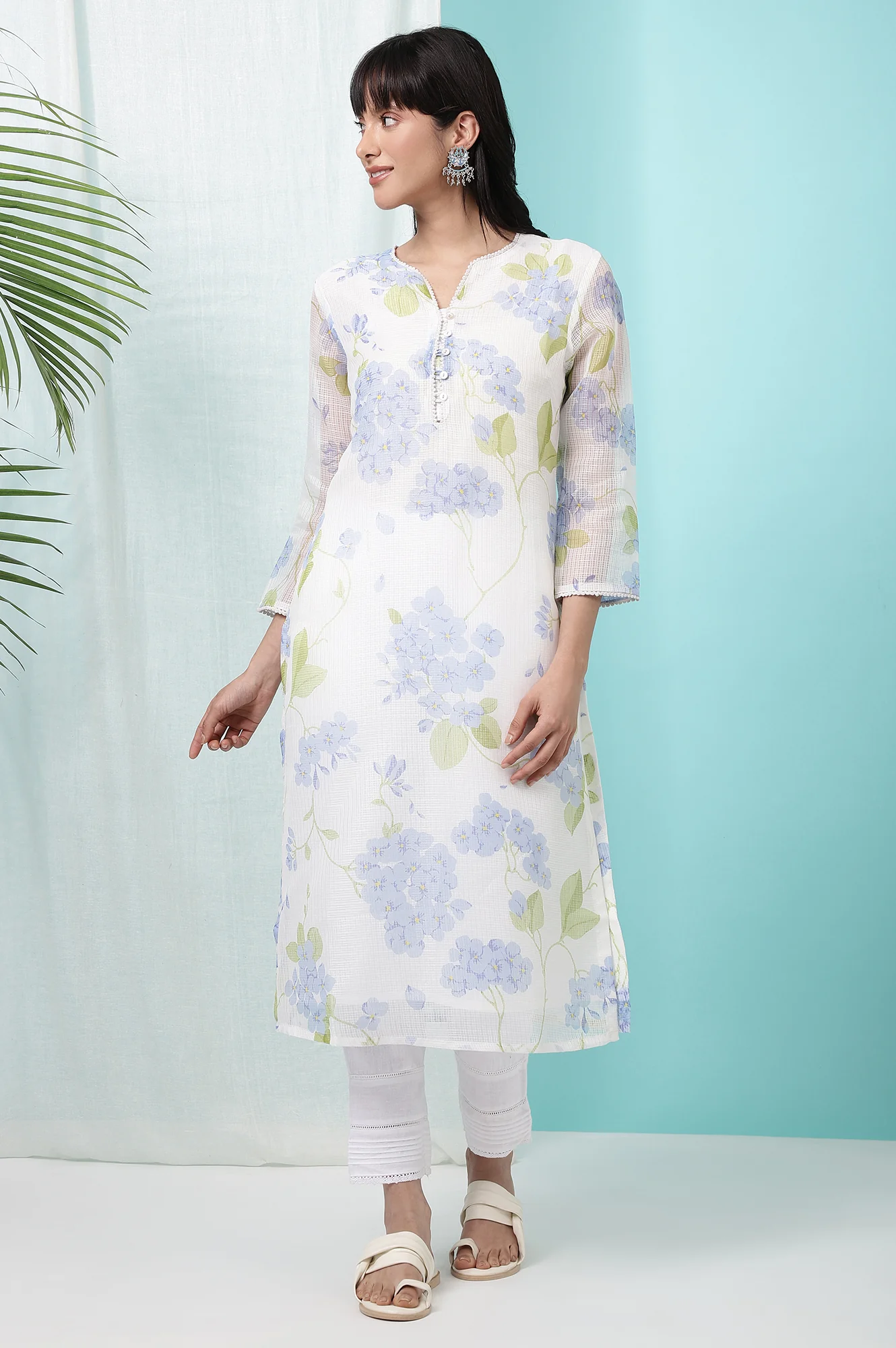 White Floral Printed Kota Straight Kurta - Image 3