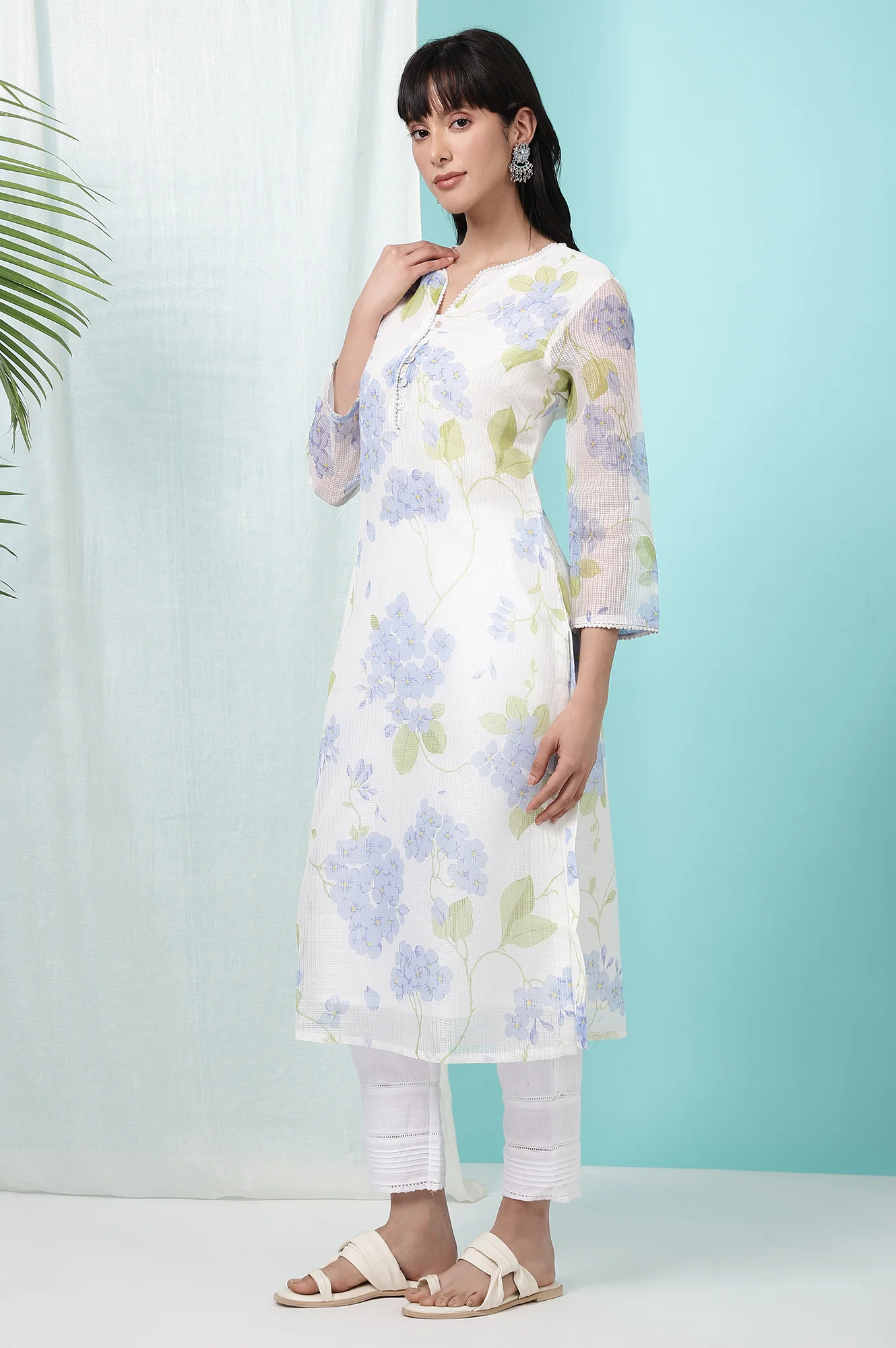 White Floral Printed Kota Straight Kurta - Image 5
