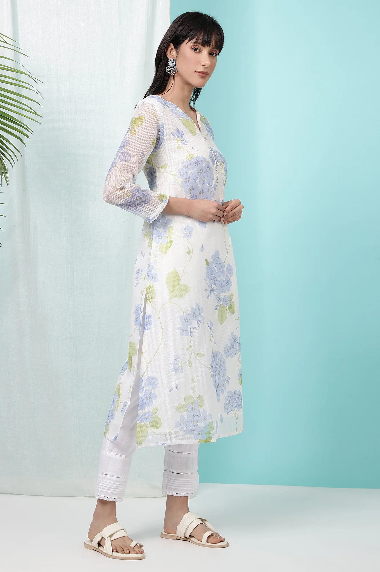 White Floral Printed Kota Straight Kurta - Image 7