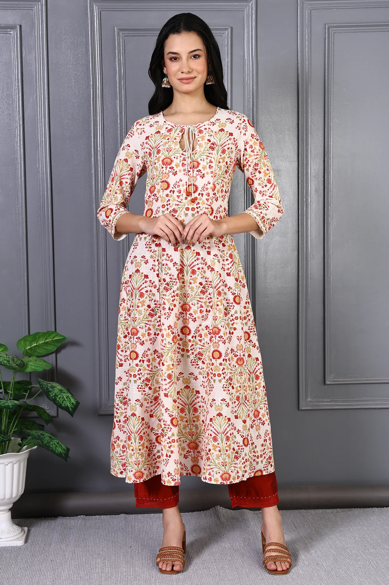 White Floral Printed Metal Embellishment Pure Cotton Flared Kurta - Image 2