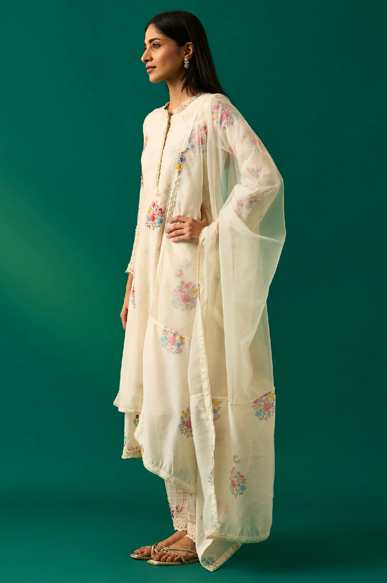 White Floral Printed Mock Layered Chanderi Kurta, Pants and Dupatta Set - Image 4