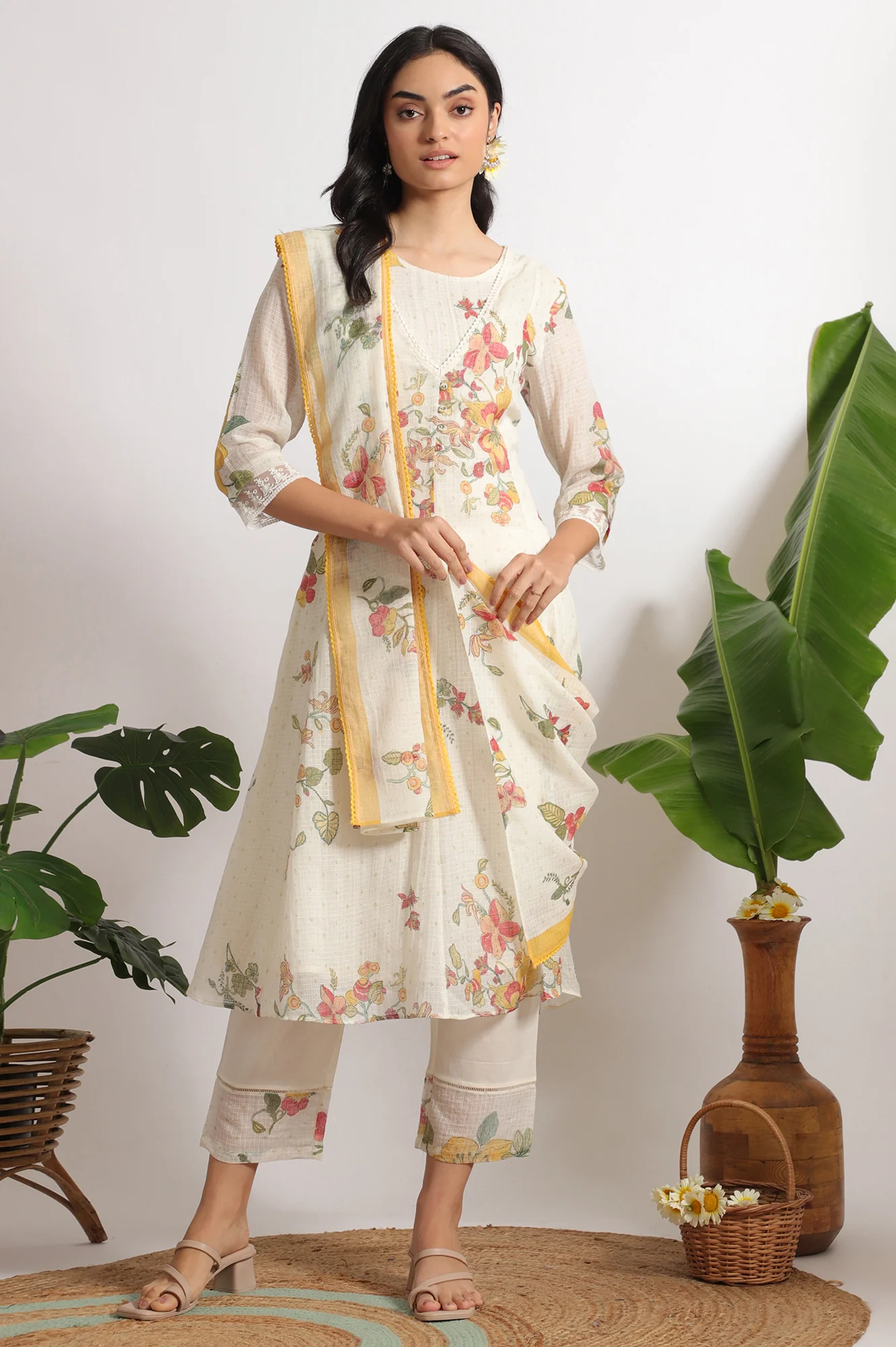 White Floral Printed Mock Layered Kota Flared Kurta and Pants Set with Dupatta - Image 3
