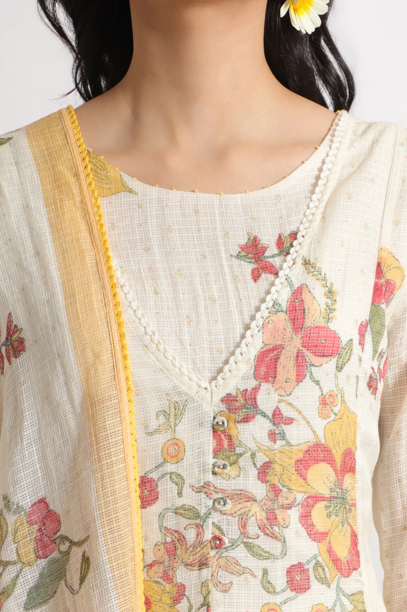 White Floral Printed Mock Layered Kota Flared Kurta and Pants Set with Dupatta - Image 4
