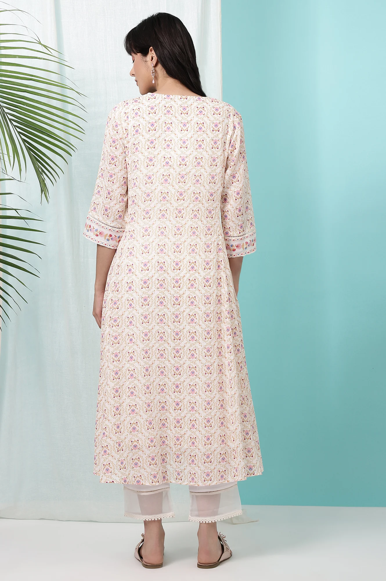 White Floral Printed Pure Cotton A-line Kurta with Embroidery - Image 6