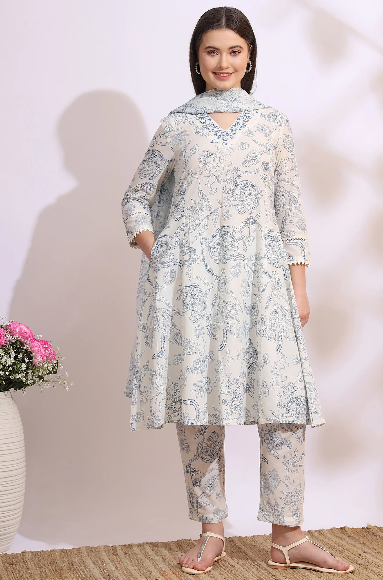 White Floral Printed Pure Cotton Anarkali Kurta, Pants Set with Dupatta - Image 4