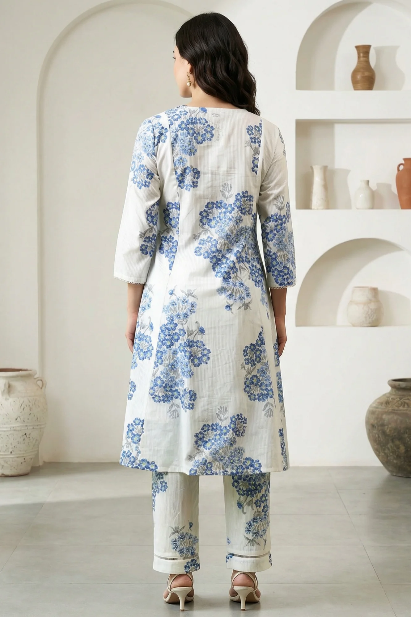 White Floral Printed Pure Cotton Flared Kurta and Pants Co-ord Set - Image 5