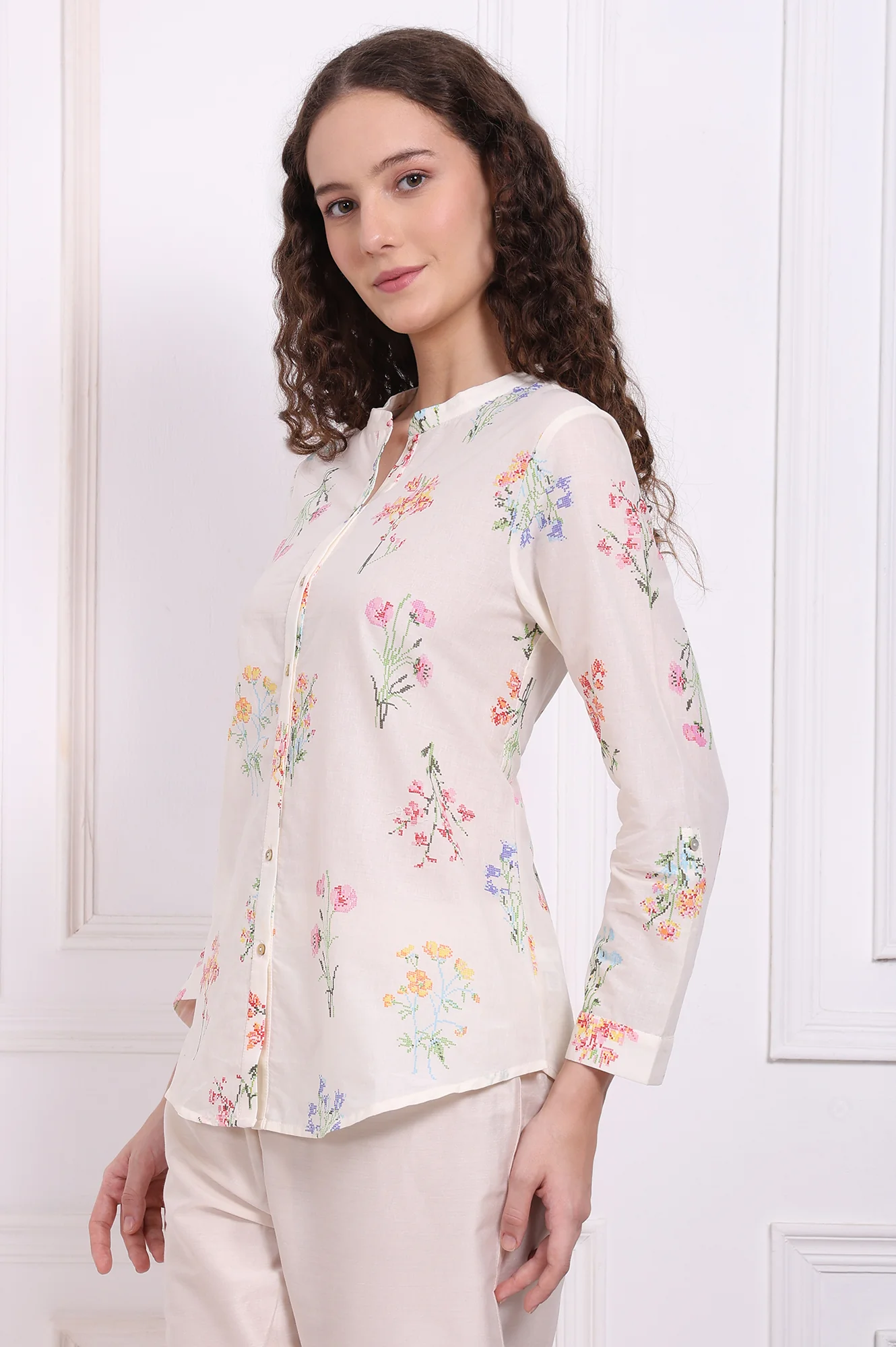 White Floral Printed Pure Cotton Mandarin Collar Shirt - Image 4