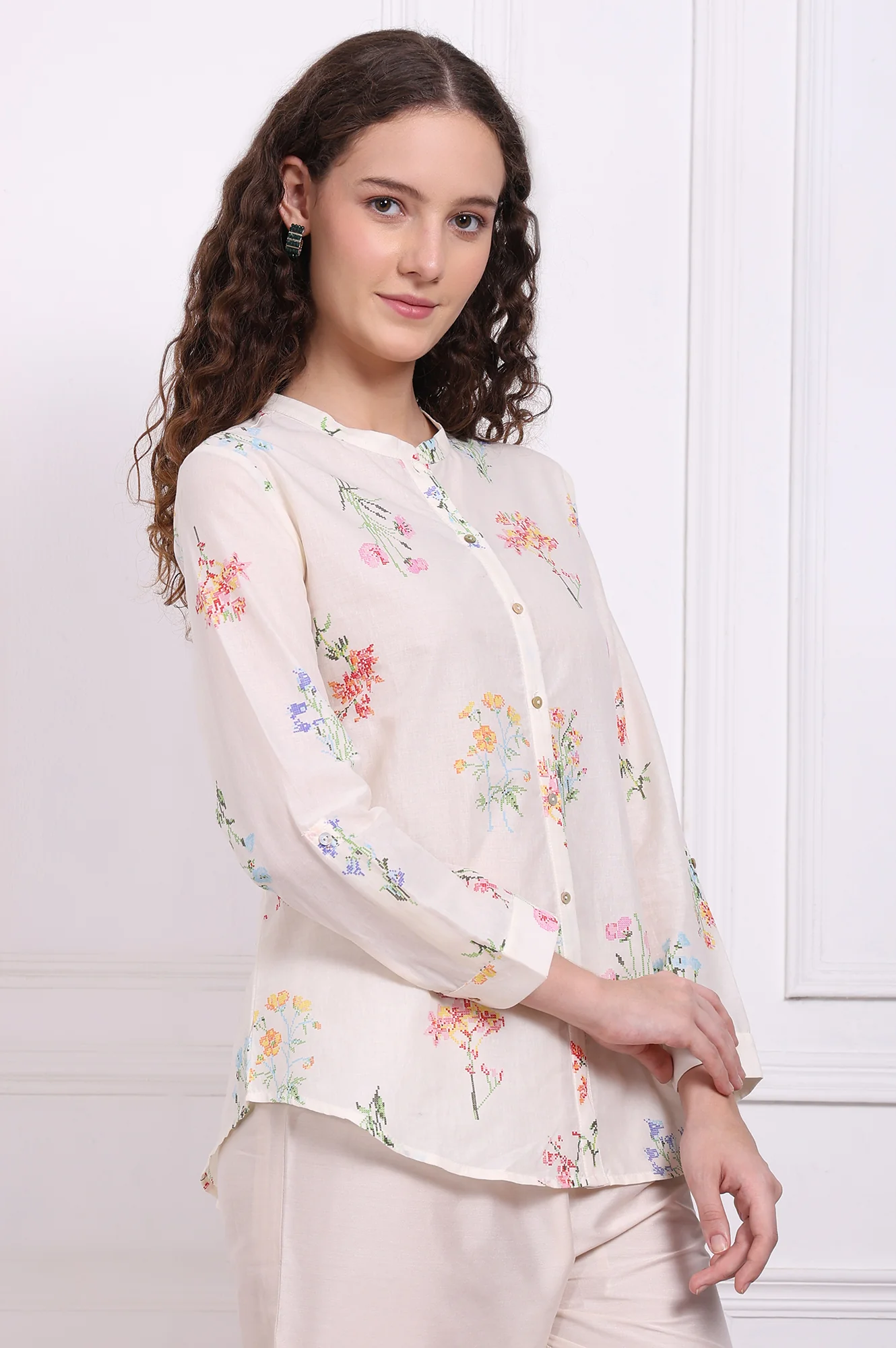 White Floral Printed Pure Cotton Mandarin Collar Shirt - Image 6