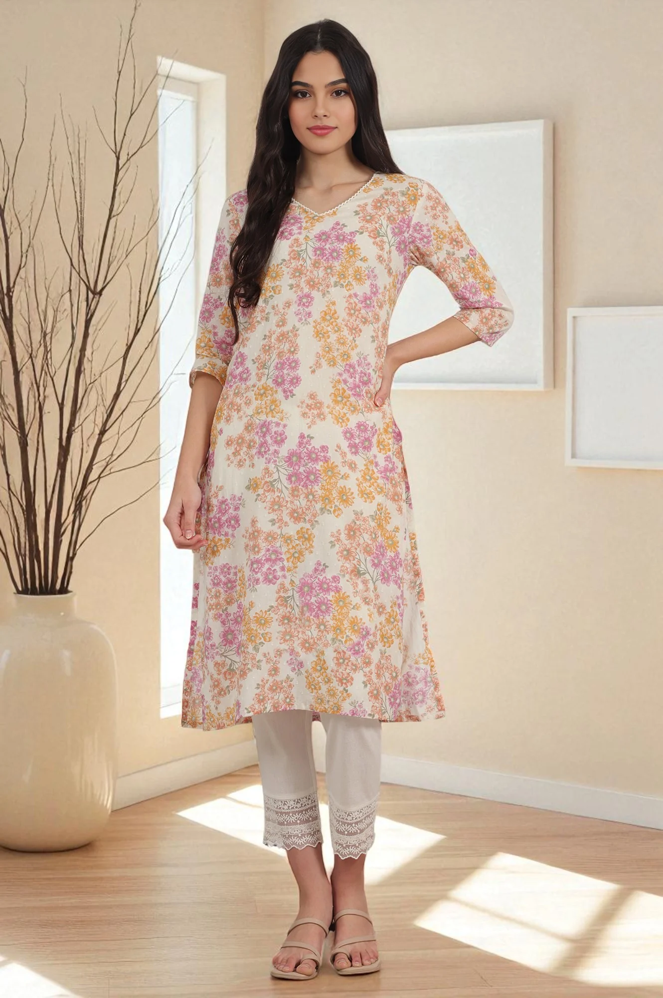 White Floral Printed Pure Cotton Straight Kurta