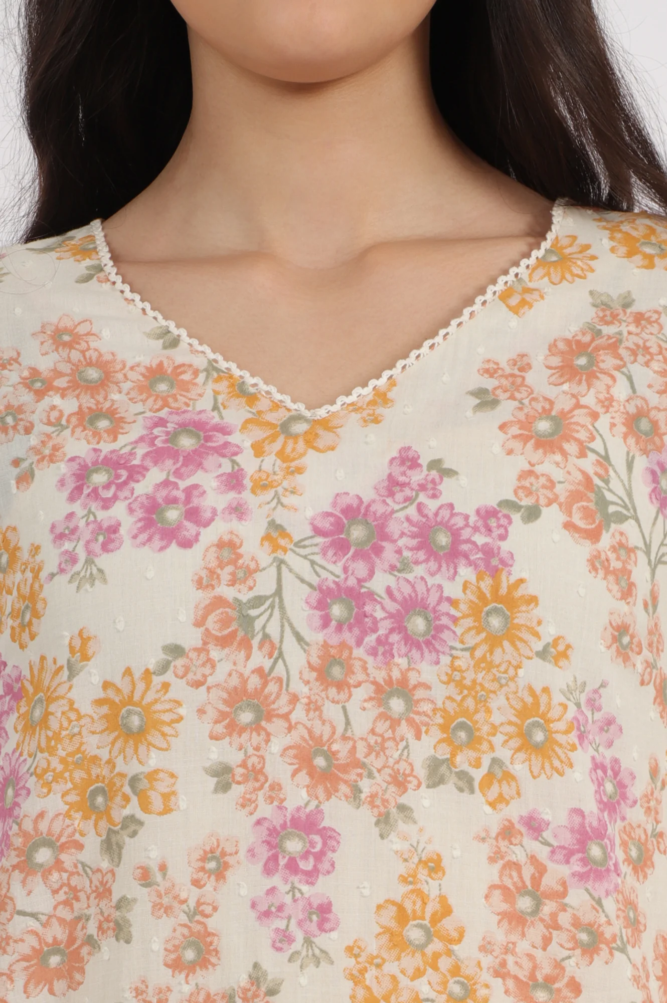 White Floral Printed Pure Cotton Straight Kurta - Image 4