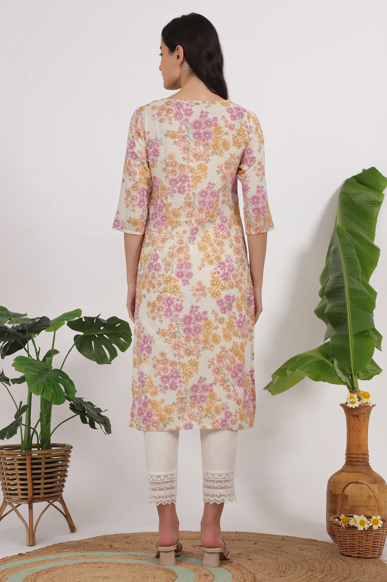 White Floral Printed Pure Cotton Straight Kurta - Image 6