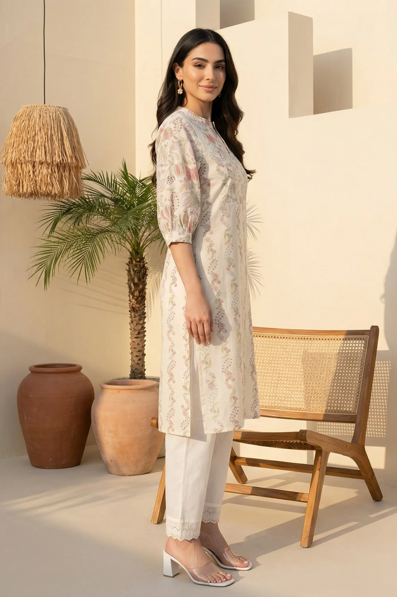 White Floral Printed Pure Cotton Straight Kurta with Sleeves - Image 5