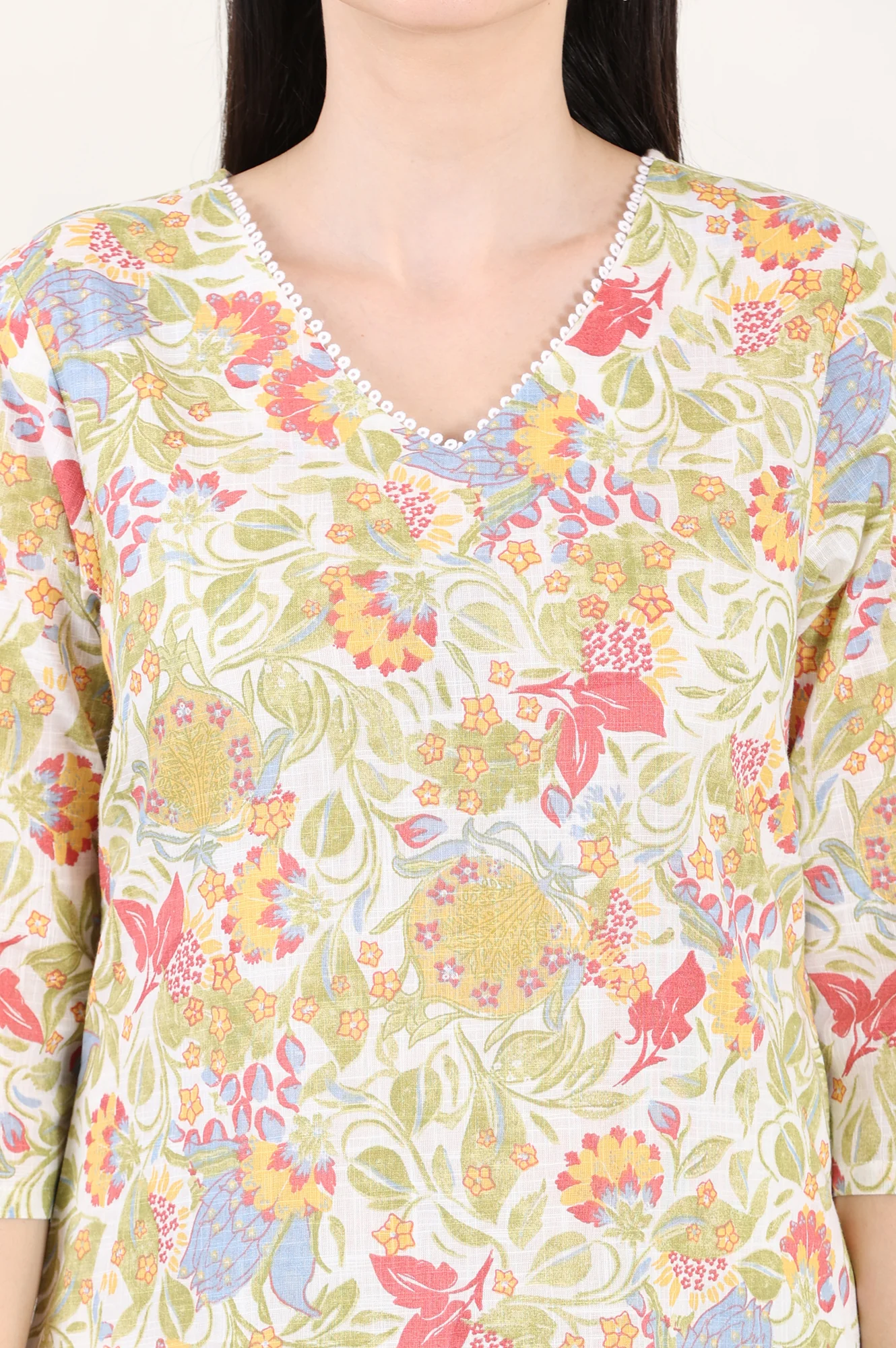 White Floral Printed Pure Cotton Straight Kurta With Lace On Neck - Image 3
