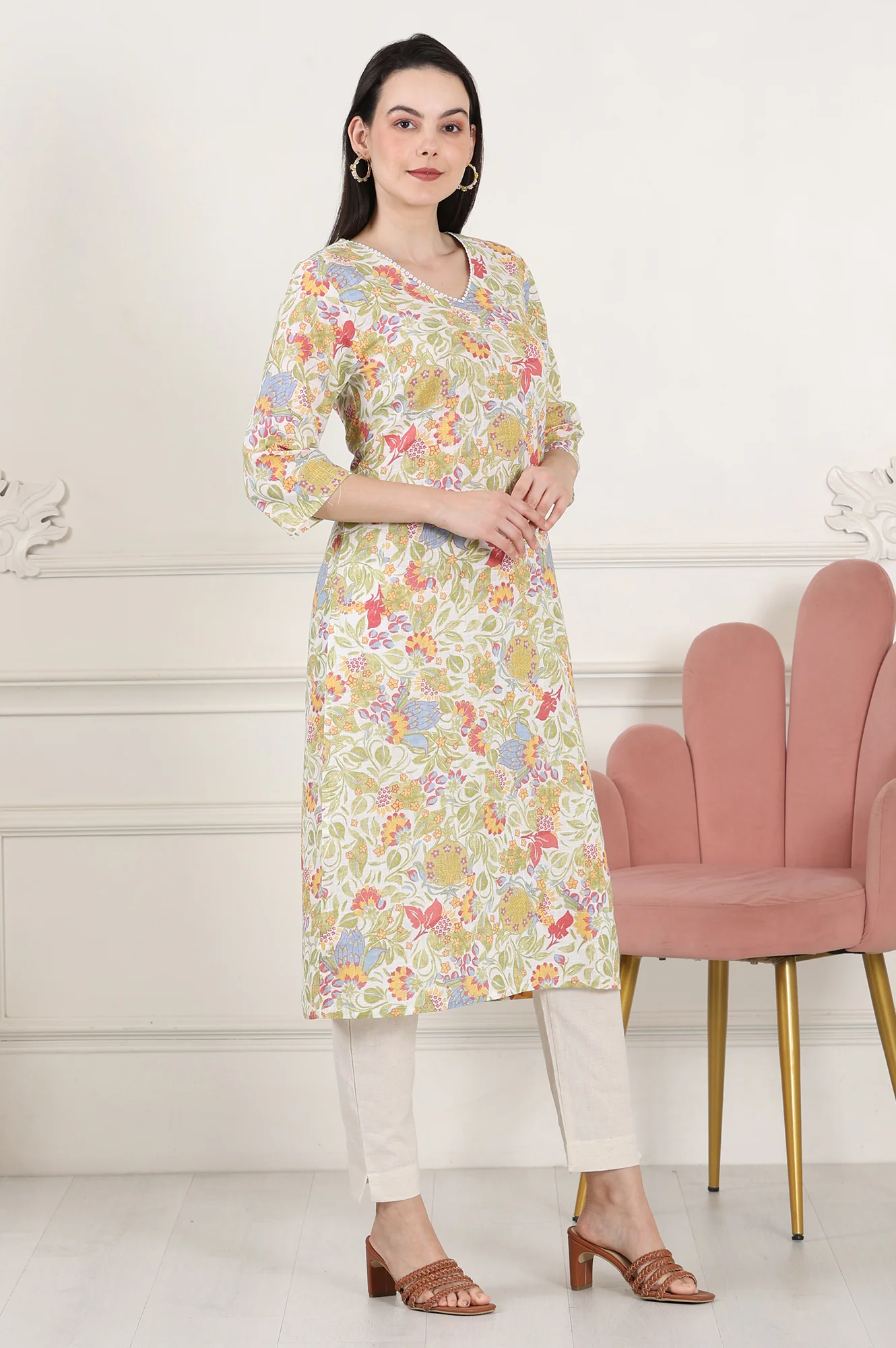 White Floral Printed Pure Cotton Straight Kurta With Lace On Neck - Image 6