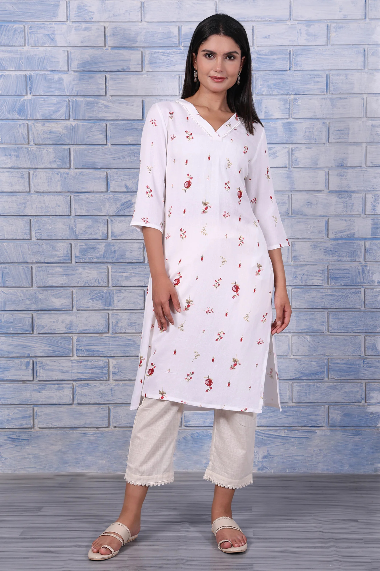 White Floral Printed Rayon Flax Straight Kurta with Lace - Image 2