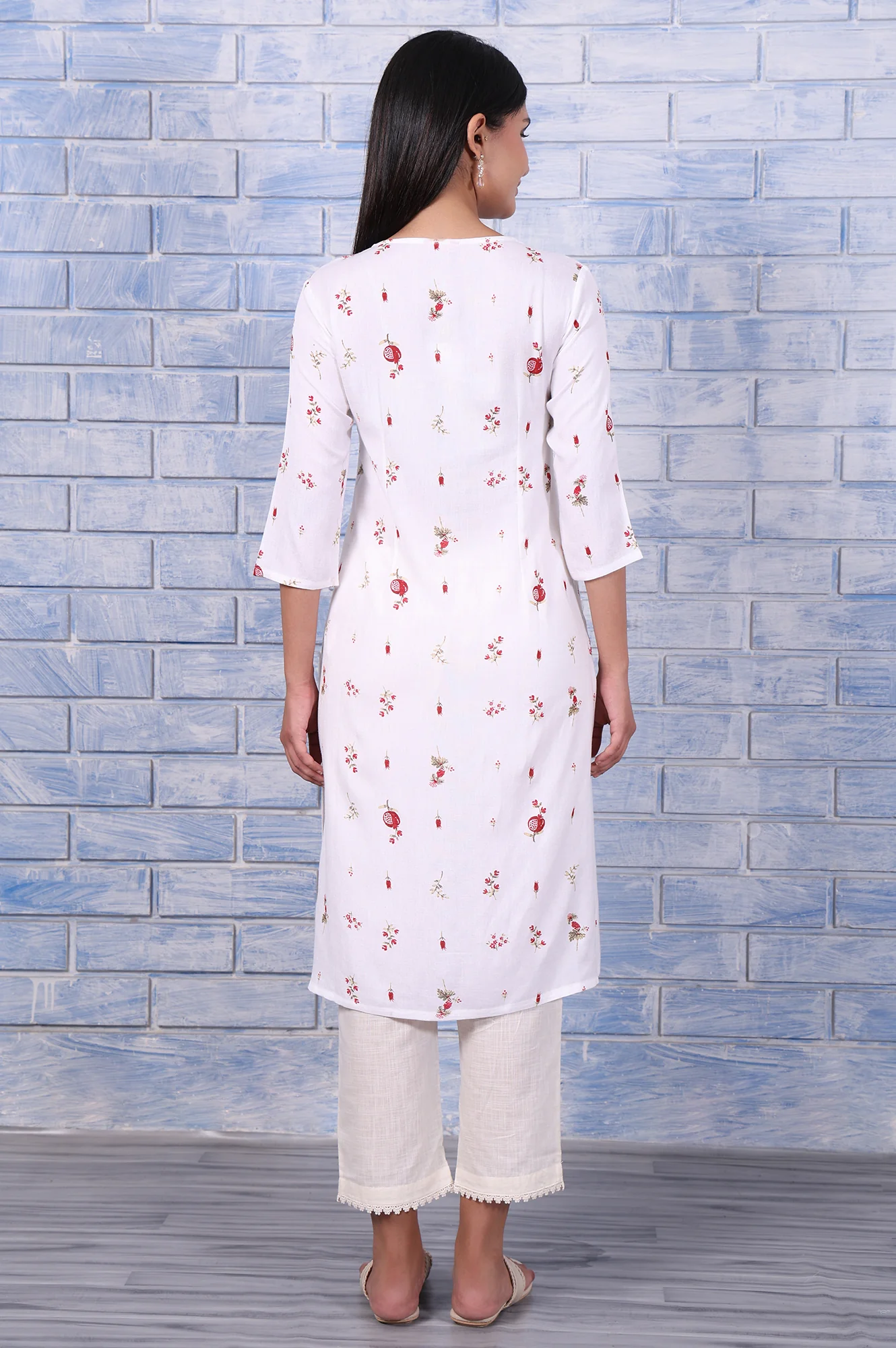 White Floral Printed Rayon Flax Straight Kurta with Lace - Image 5