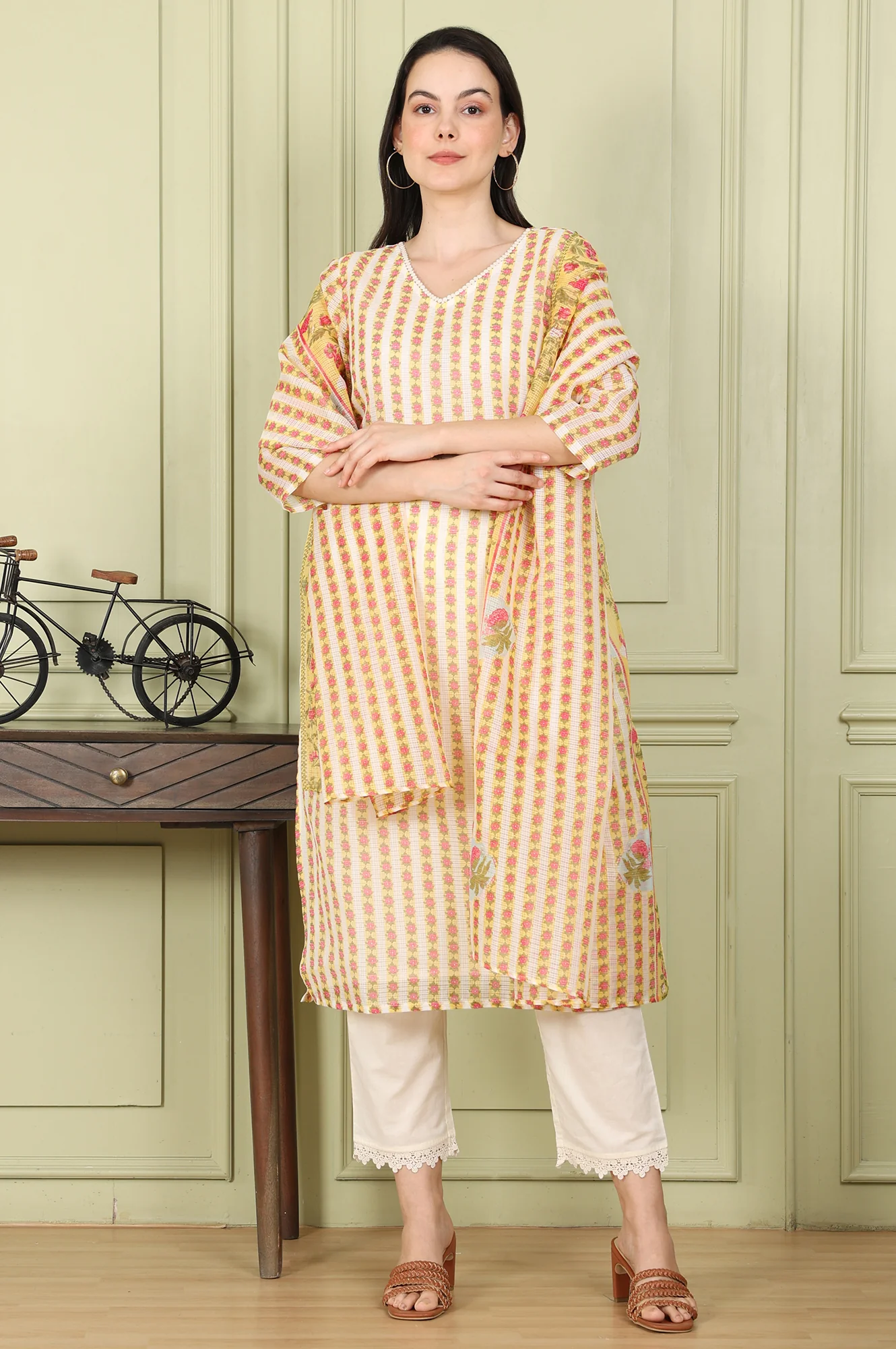 White Floral Printed Straight Kota Kurta, Pants And Dupatta Set - Image 2