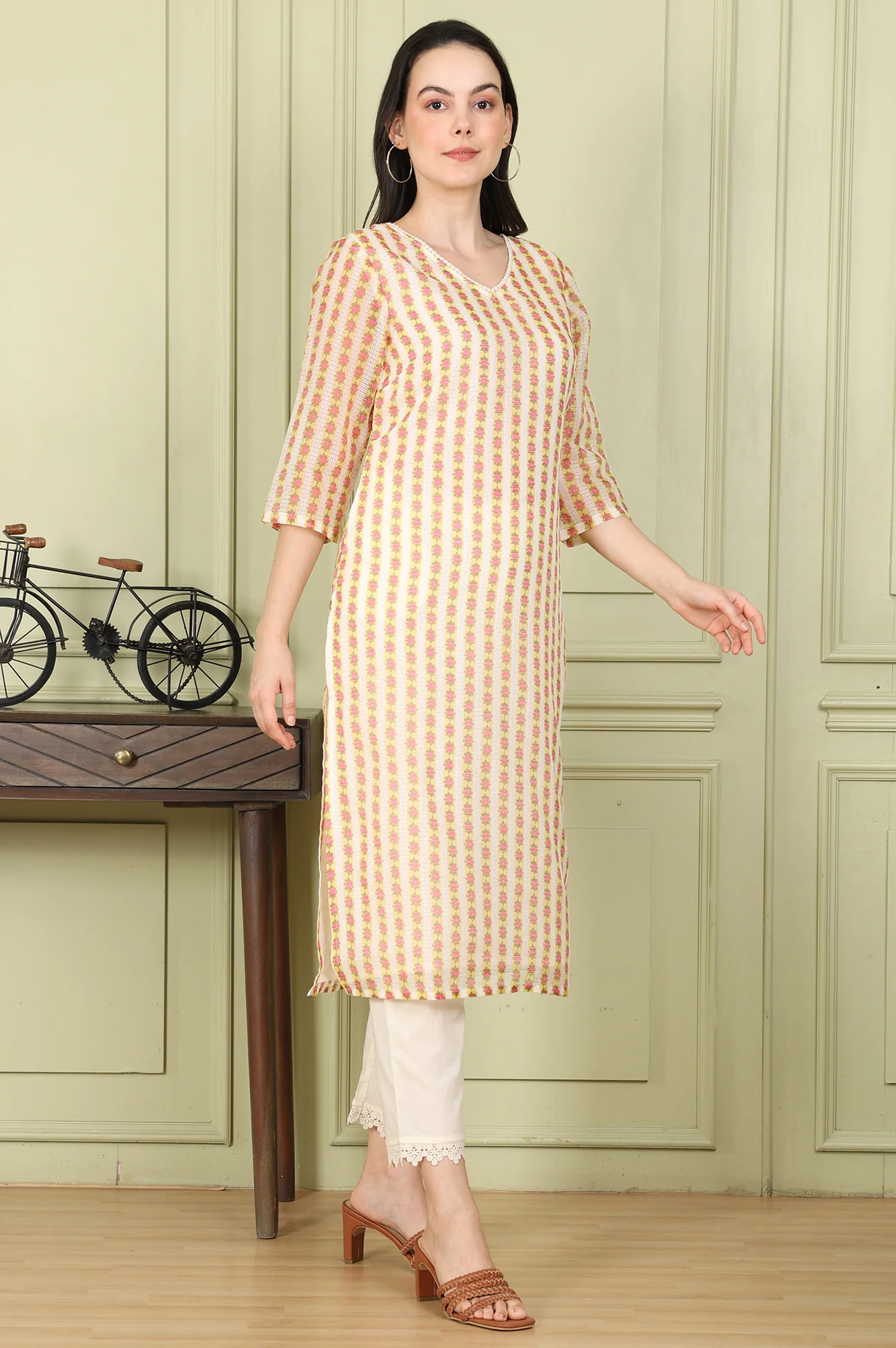 White Floral Printed Straight Kota Kurta, Pants And Dupatta Set - Image 6