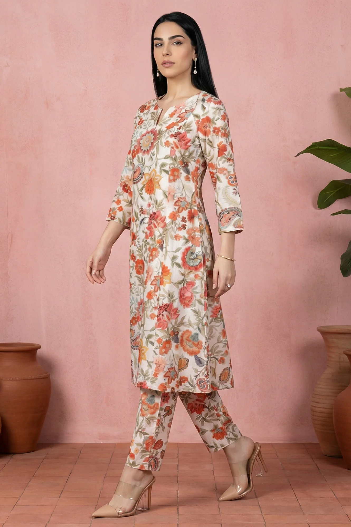 White Floral Printed Straight Kurta with Pant Co-ord Set