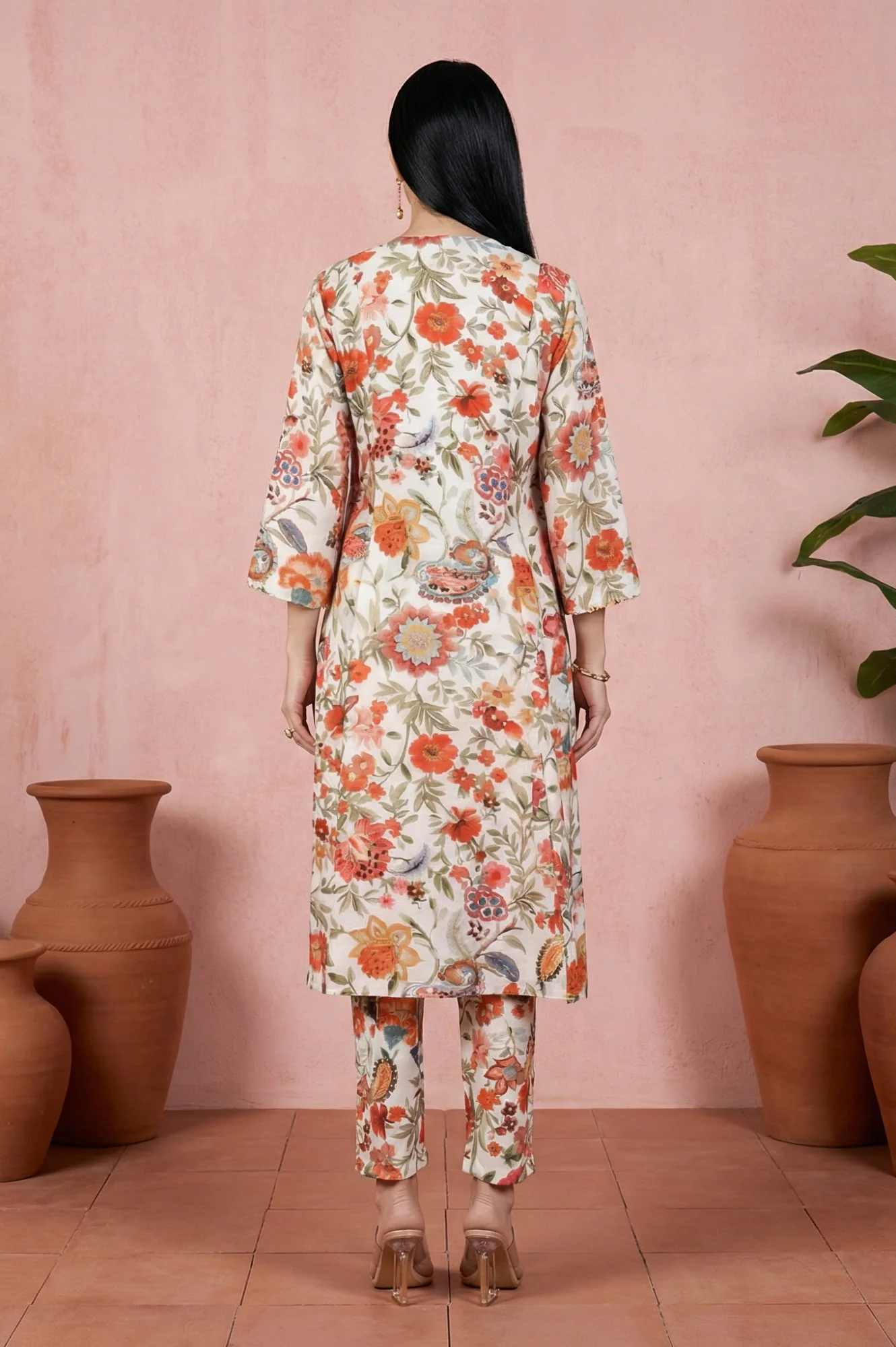 White Floral Printed Straight Kurta with Pant Co-ord Set - Image 5