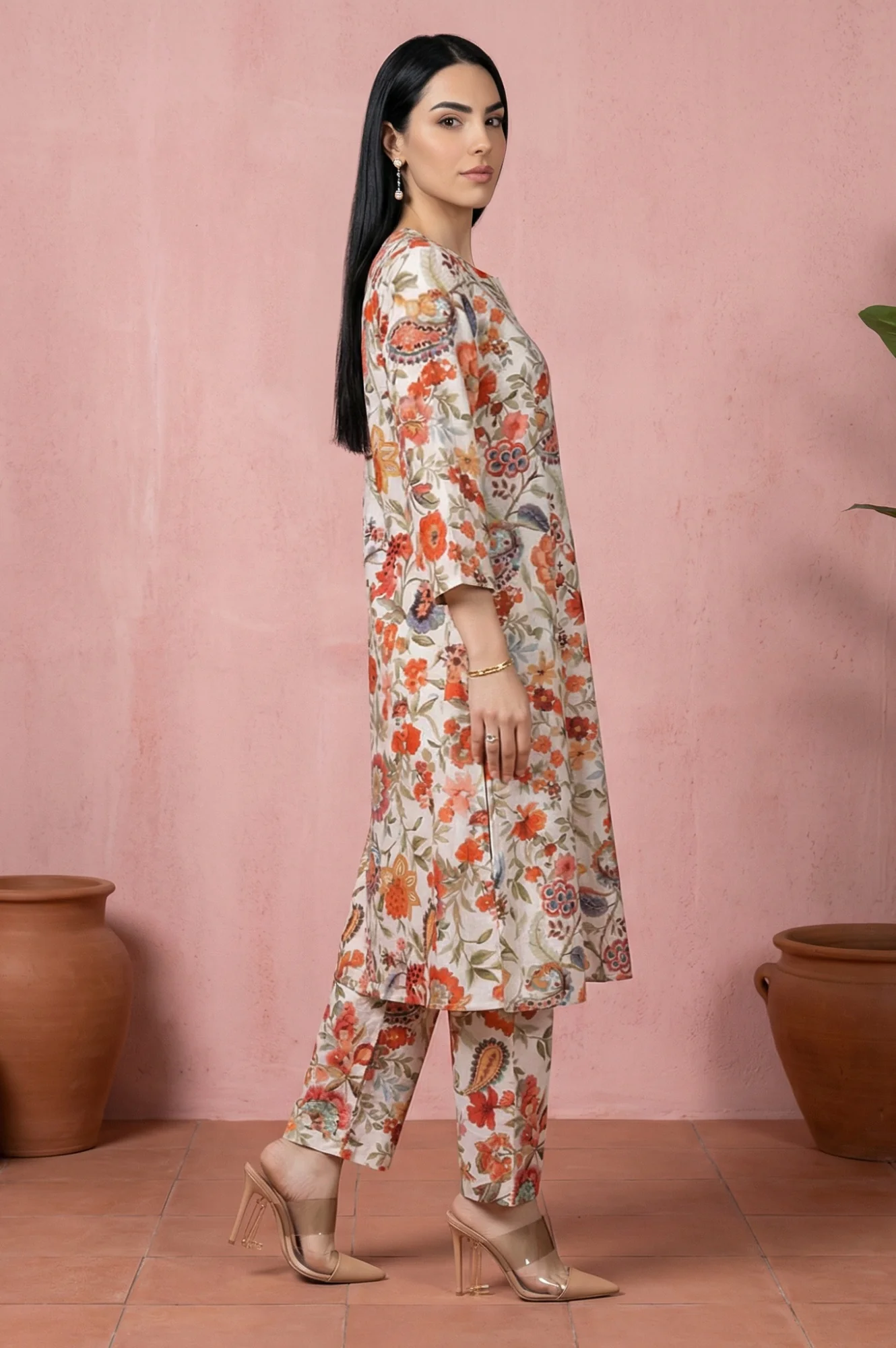 White Floral Printed Straight Kurta with Pant Co-ord Set - Image 6