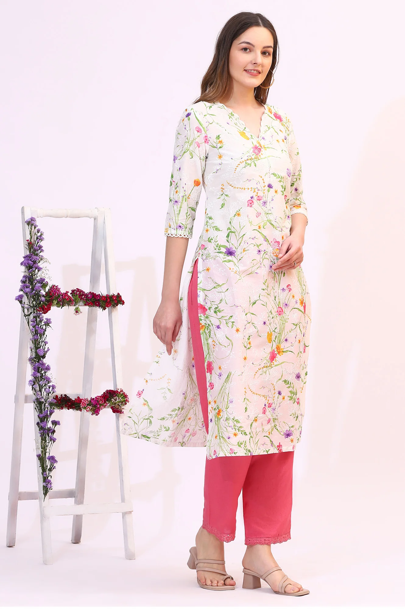 White Floral Printed Textured Schiffli Embroidered Straight Kurta - Image 7