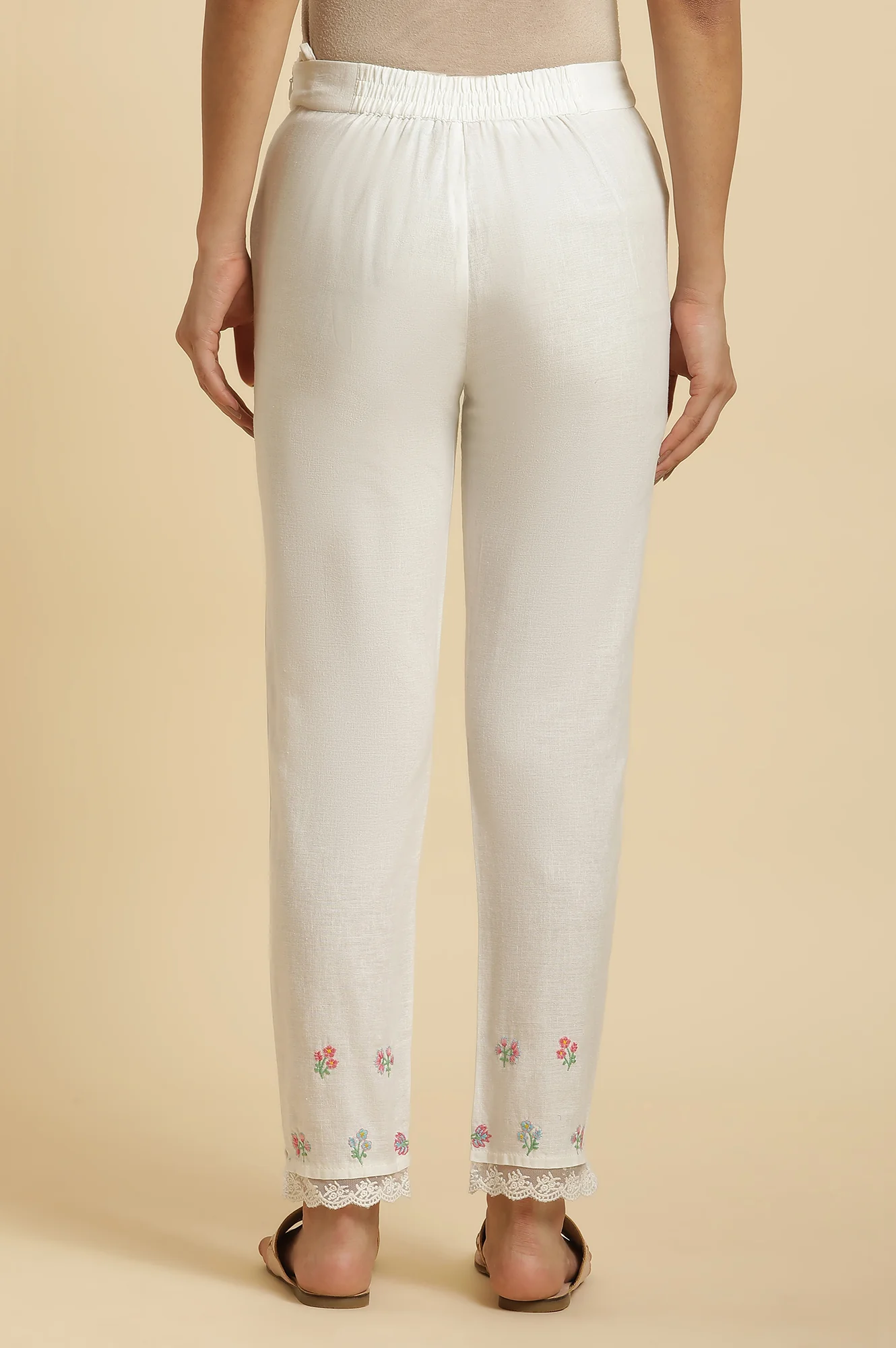 White Floral Printed Thread Work Pure Cotton A-Line Kurta and Slim Pant Set - Image 3