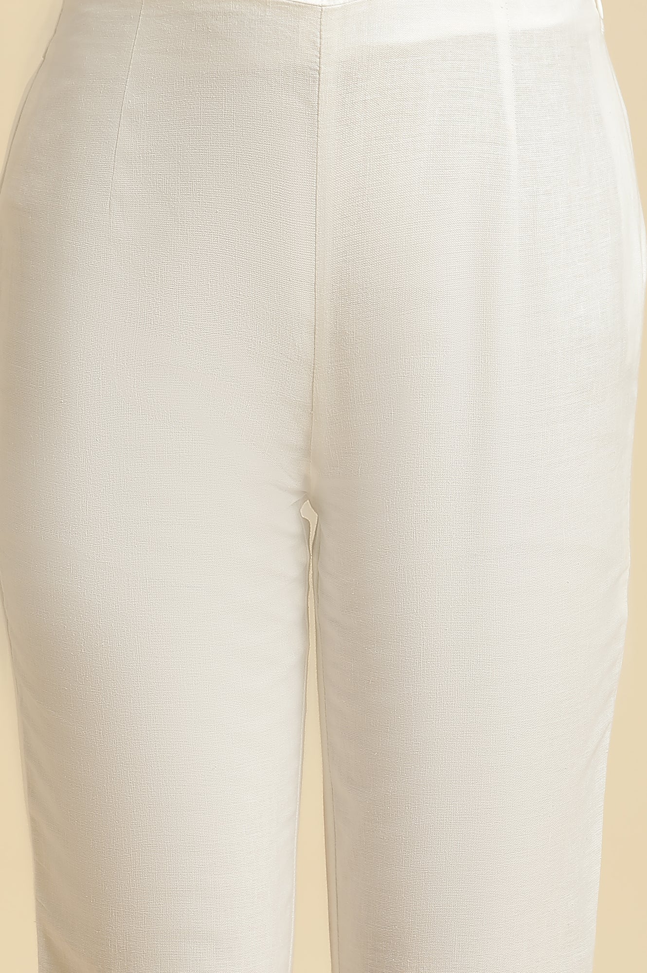 White Floral Printed Thread Work Rayon Flax Straight Kurta and Slim Pant Set - Image 5