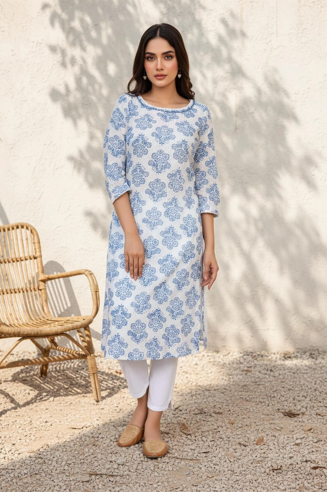 White Floral Straight Cotton Kurta - Image 2