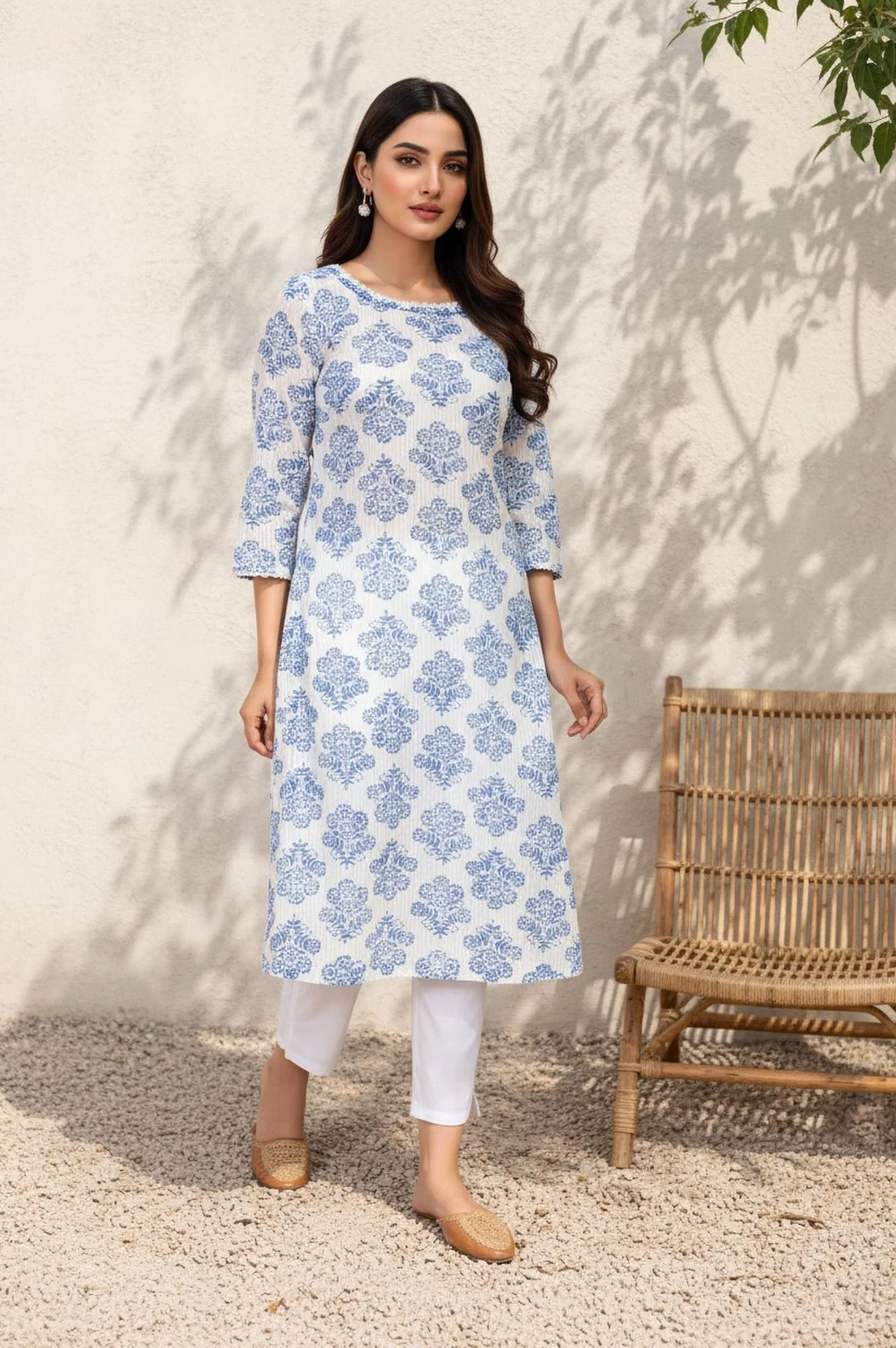 White Floral Straight Cotton Kurta - Image 4