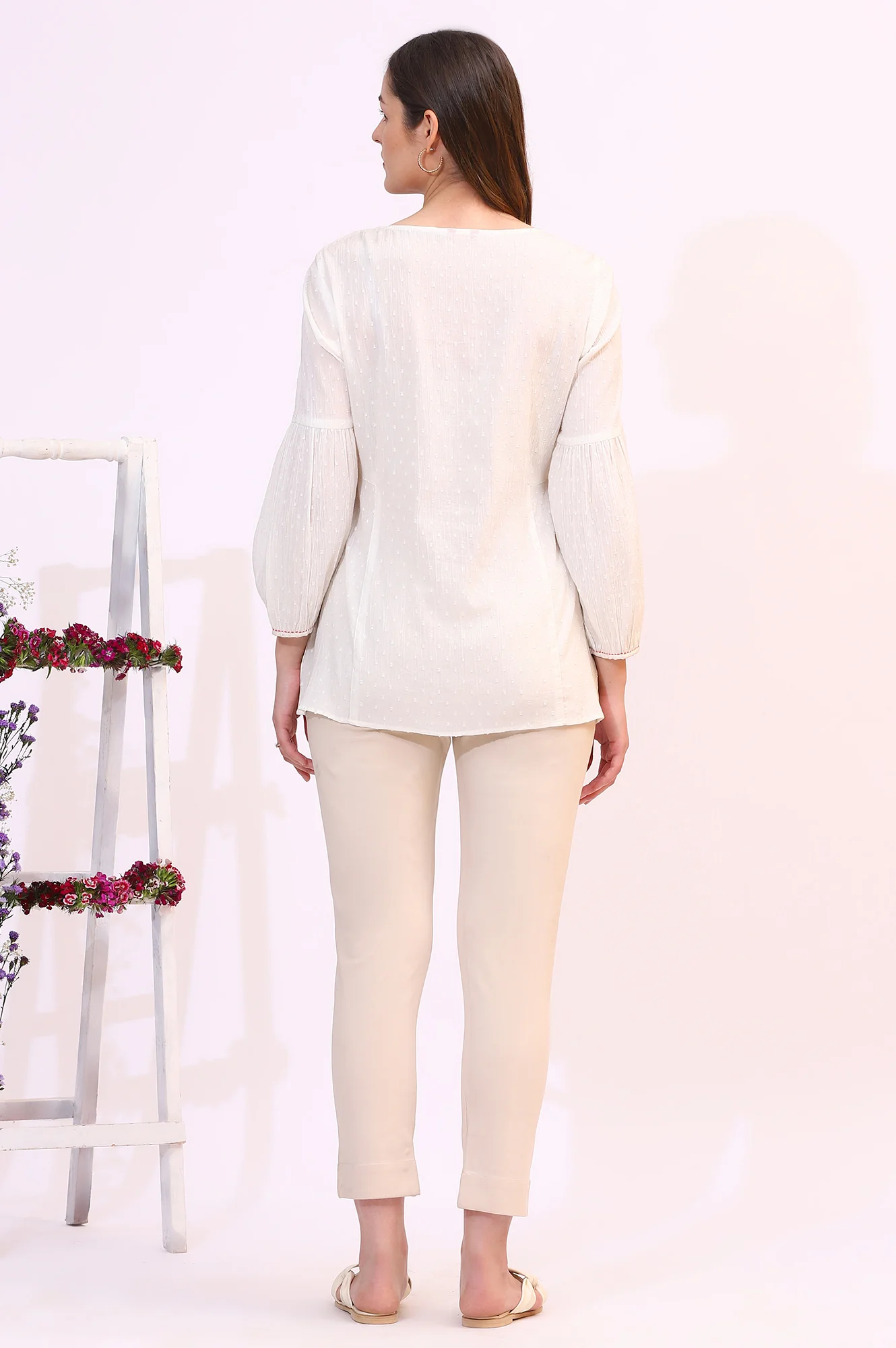 White Floral Thread Embroidered Yoke Textured Top - Image 6