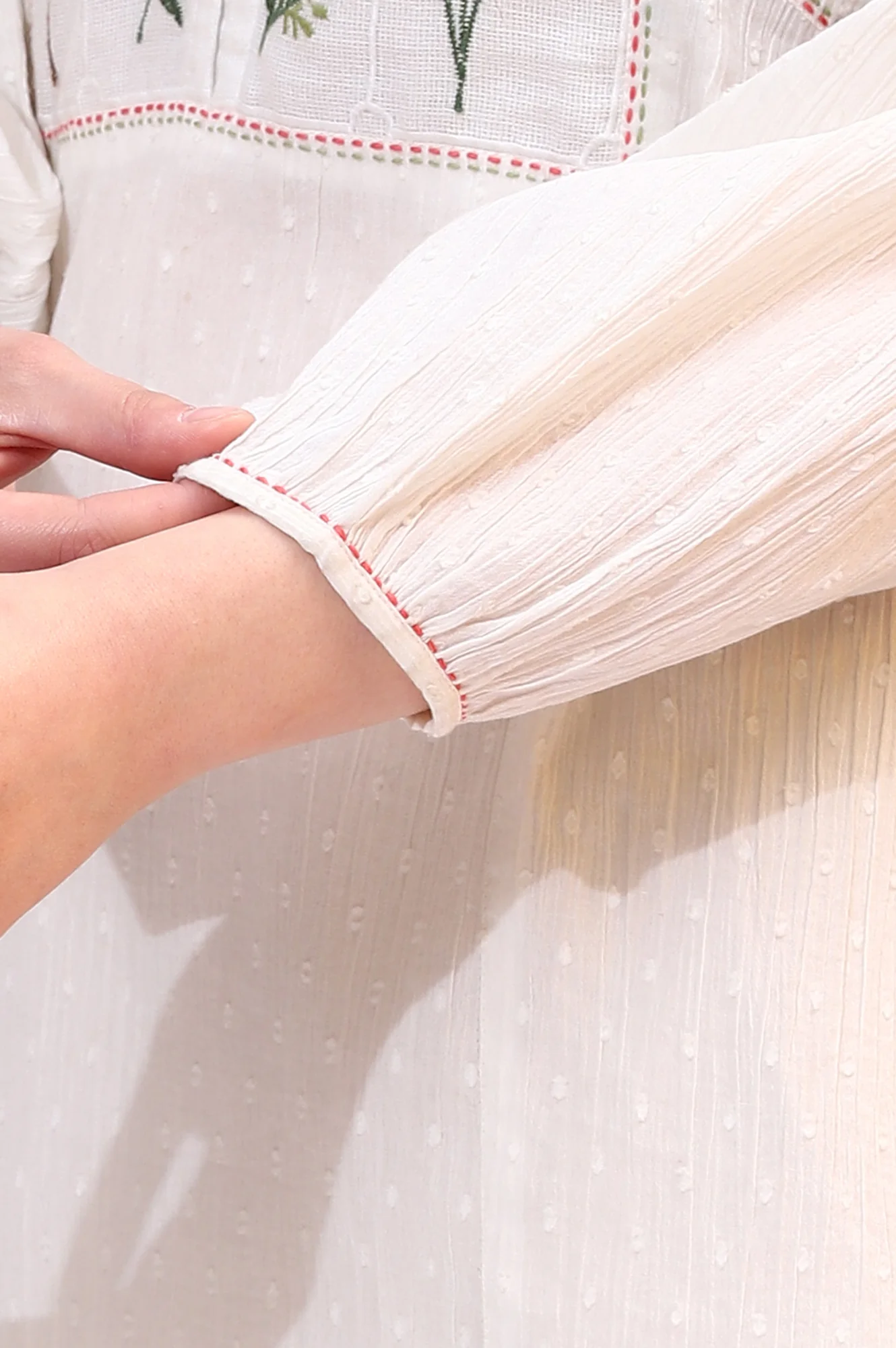 White Floral Thread Embroidered Yoke Textured Top - Image 8