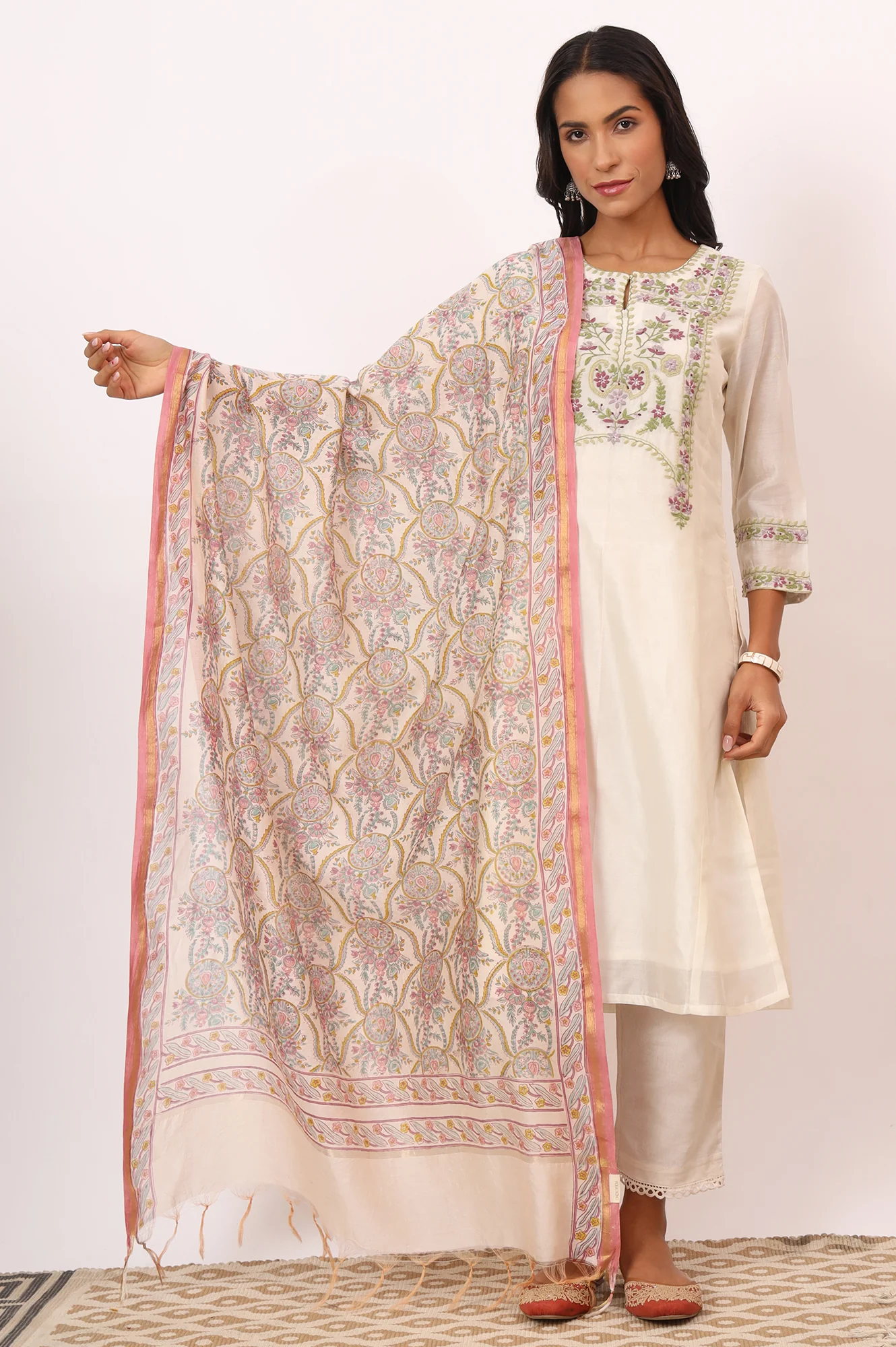 White Hand Block Printed Cotton Silk Dupatta - Image 2