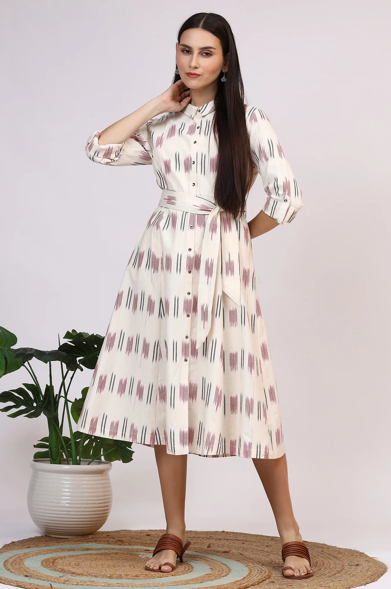 White Ikkat Pure Cotton A-line Shirt Dress with Belt - Image 2